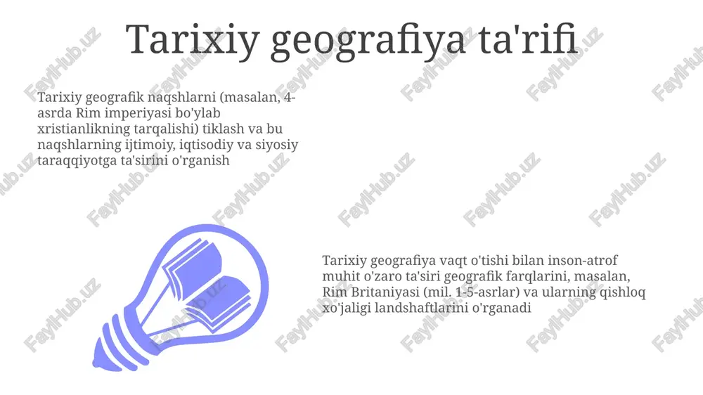 shi bilan tushuntirish asosiy maqsaddir landshaft evolyutsiyasi va o'zgarishi tadqiqot vaqt oralig'i o'n yillardan ming yillarga qadar. masalan, 20-asr to'g'onlari qurilishi (masalan, uch darvoza to'g'oni) ning yangtse daryosi vodiysidagi ta'siriga yoki parij yoki nyu-york kabi shaharlarning shahar morfologiyasining o'rta asrlardan hozirgi kungacha bo'lgan uzoq muddatli evolyutsiyasiga tahlil qilish geografik jarayonlar (masalan, eroziya, cho'kindi) ta'siri ostida ming yillar davomida (masalan, golotsen, pleystotsen davrlari) shakllangan landshaft evolyutsiyasi turli muhitlarda (masalan, daryo tizimlari, qirg'oq tekisliklari, himoloy yoki andes tog'li hududlari) mintaqaviy farqlarni belgilaydi e'tiboringiz uchun rahmat @taqdimot_robot image1.jpeg image2.jpeg image3.jpeg