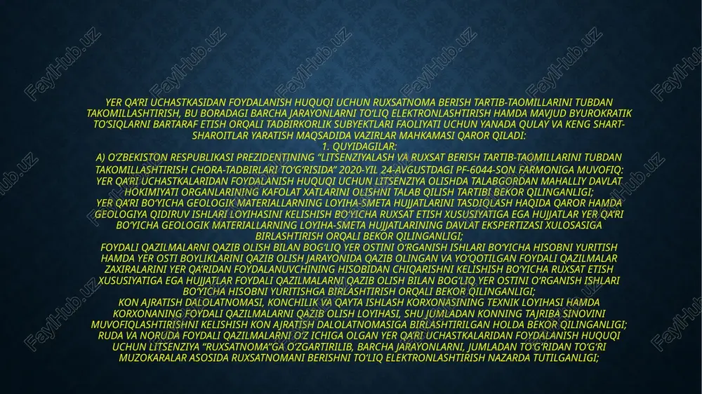 aralar asosida ruxsatnomani berishni to‘liq elektronlashtirish nazarda tutilganligi; yer qa’ridan foydalanish muddatlari 32. “yer osti boyliklari to‘g‘risida”gi o‘zbekiston respublikasi qonuniga muvofiq yer qa’ridan foydalanish huquqi: a) geologik jihatdan o‘rganish uchun — besh yilgacha muddatga; b) foydali qazilmalarni kavlab olish va texnogen mineral hosilalardan foydalanish uchun: dastlab ruxsatnoma berilganda — o‘n yil muddatga, keyinchalik, texnik-iqtisodiy asoslar belgilangan muddatlarda taqdim etilgandan so‘ng foydali qazilma konini yoki texnogen mineral hosilalarni ishga solish davrini inobatga olgan holda, uning muddatini uzaytirishni kafolatlash sharti bilan; texnik-iqtisodiy asoslar taqdim etilgandan so‘ng — foydali qazilma konini yoki texnogen mineral hosilalarni ishga solishning texnik-iqtisodiy asoslarda belgilangan muddatiga; v) nodir tosh xomashyosi namunalarini, paleontologik qoldiqlarni va boshqa geologik kolleksiyabop materiallarni to‘plash uchun — ikki yilgacha muddatga; g) foydali qazilmalarni kavlab olish bilan bog‘liq bo‘lmagan maqsadlarda yer osti inshootlarini qurish va ishlatish uchun yer qa’ri uchastkalaridan foydalanish, shu jumladan, neft, gaz, gaz kondensati, boshqa moddalar va materiallarni yer ostida saqlash, chiqindilarni …