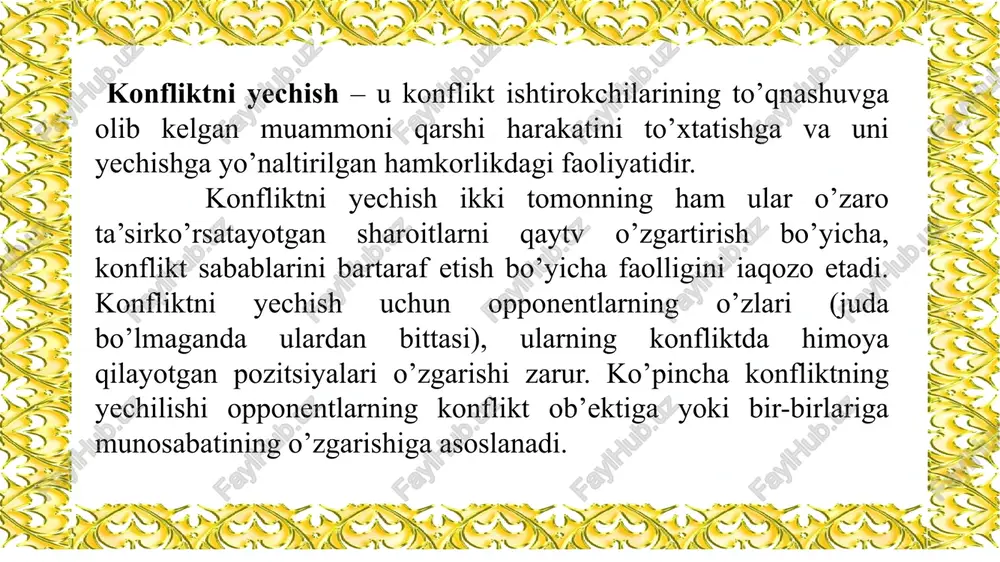 -qarshilik yuzaga keladi yoki konflikt ob’ekti o’zgarishi sodir bo’ladi. konfliktning yakuni quyidagilar bo’lishi mumkin: -bitta yoki ikkita tomonni ham konfliktdan olib tashlash; -konfliktni uni qayta jonlantirish imkoniyati bilan to’xtatib turish; -tomonlardan bittasining g’alabasi ( konflikt ob’ektiga ega bo’lish); -konflikt ob’ektini bo’lish (simmetrik yok assimmetrik); -ob’ektdan birgalikda foydalanish qoidalari to’g’risida kelishib olish; -ob’ektga ikinchi tomon ega bo’lganligi uchun tomonlardan bittasiga shunga teng kompensatsiya berish; -ikkala tomnning ham mazkur ob’ektga davogarlikdan voz kechishi; -ikkala tomnning ham manfaatlarini qondiradigan alternativ ob’ektlarni aniqlash. amerikalik konfliktolog m.doych fikriga ko’ra, konflikt yechimini topganligining asosiy kriteriysi bu tomonlarning uning natijasidan qoniqqanligidir. konfliktning konstruktiv yechimining kriteriysi bu konflikt asosida yotgan qarama-qarshilikning yechilish darajasi va unda haq bo’lgan opponentning g’alabasi hisoblanadi. muhimi, konfliktni yechimida unga sabab bo’lgan muammo yechimining topilishidir. qarama-qarshilik qanchalik to’liq yechilsa, ishtirokchilar o’rtasidagi munosabatlarning normallashuvi imkoniyati shunchalik ko’p bo’ladi, konfliktning yangi qarama-qarshilikka o’sib o’tishi ehtimoli shuncha kam bo’ladi. 2-savol. konfliktni muvaffaqiyatli hal qilish sharoitlari va omillarining …