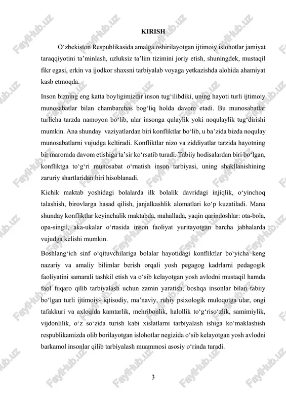 qilish uchun pedagogning yuqori mahorati zarur. tadqiqotning maqsadi o’quvchilar ta’lim-tarbiya jarayonida konflikt vaziyatlarni o‘rganish va ularni bartaraf etish texnologiyasini ishlab chiqish tadqiqotning vazifalari: konflikt vaziyatlarga oid falsafiy, psixologik, pedagogik adabiyotlarni o‘rganish va tahlil qilish; konfliktning umumiy tavsifi, konflikt vaziyatning bartaraf etish usul va metodlarini aniqlash; boshlang‘ich sinf o‘quvchilarida konflikt vaziyatlarni o‘rganish va bartaraf etish texnologiyalarini aniqlash; tajriba-sinov ishlarini tashkil etish va tegishli tavsiyalar ishlab chiqish.. tadqiqotning obyekti umumiy o‘rta ta’lim maktablarining o’quvchilari ta’lim-tarbiya jarayoni. tadqiqotning predmeti o’quvchilar konflikt vaziyatlarni bartaraf etishning shakli, usuli va vositalari.. i-bob.oʻquvchilarda pedagogik konfiliktlar tarixi va rivojlanish bosqichlari 1. 1. oʻquvchilarda pedagogik konflikt vujudga kelishining nazariy asoslari xorijlik xvii­xx asrlarda faoliyat yuritgan pedagog faylasuf va olimlaridan ya.komenskiy, i.pistalotsi, k.ushinskiy, j.dyui kabilarning asarlarida shaxs hayotida yuzaga keladigan ijtimoiy, axloqiy va ruhiy xarakterdagi konfliktlar o‘ziga xos tarzda ko‘rsatib o‘tilgan. konfliktologiya hodisasi va uning nazariy masalalari xx asr ii yarmidan boshlab g‘arb olimlari tomonidan ilmiy tahlil etila boshlandi. bunda …
