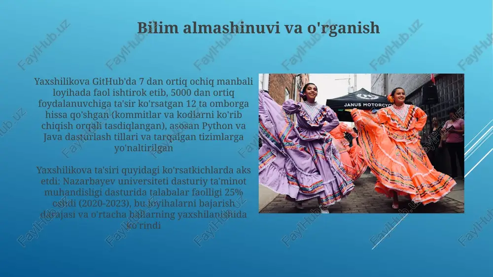h faoliyati (tarbiyalanuvchilar soni, o'tkazilgan seminarlar va h.k.) to'g'risida batafsil ma'lumot kerak jarayonlar va amaliyotlar jarayonlar takrorlanuvchi, eskizlar, prototiplar, raqamli manipulyatsiya va an'anaviy hunarmandchilik texnikalarini o'z ichiga olishi mumkin. loyihalar miqyoslari turlicha: mayda eksperimental asarlar (soni noma'lum, ehtimol 5 dan ortiq) dan yirik inshootlargacha. materiallar xilma-xil (raqamli media, to'qimachilik buyumlari, ehtimol topilgan buyumlar) dilbar yaxshilikova ning texnologik jarayonlari va amaliyotlari 2010-yillardagi o'zbekistondagi raqamli san'at loyihalari va seminarlarida (3 ta tasdiqlangan seminar, ehtimol ko'proq) tarqalgan eslatmalardan tashqari hujjatlashtirilmagan asboblar va texnologiyalar dilbar yaxshilikova 3d modellashtirish dasturlari (autodesk maya, blender), dasturlash tillari (python, c++) va ma'lumotlar tahlili vositalari (r, matlab)dan foydalanib, qozogʻiston texnologiya sektorida geoprostor ma'lumotlarini qayta ishlash loyihalarida ishtirok etadi. bu uning hisoblash usullari va vizualizatsiya texnikalarini yaxshi bilishini ko'rsatadi. kod sifati va ko'riklar [jamoa nomi/bo'lim nomi] jamoasida texnik madaniyatni o'zgartirishni qo'llab-quvvatladi, juft dasturlash va kod ko'rish kabi eng yaxshi amaliyotlar bo'yicha 2 dan ortiq seminar o'tkazdi va 10 dan ortiq …