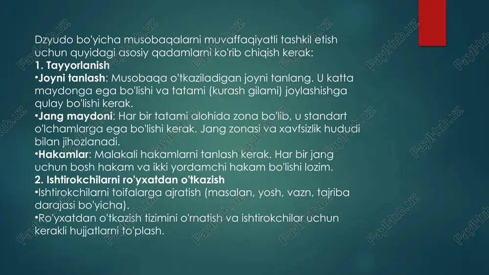 usobaqa jarayonini boshqarish barcha janglarni to'g'ri ketma-ketlikda o'tkazishni ta'minlash uchun boshqaruv guruhini tashkil etish. kuzatuvchi va tibbiy xizmat xodimlari musobaqa jarayonida doimiy mavjud bo'lishi kerak. 6. tashkilotchilar bilan hamkorlik sport tashkilotlari, homiylar va mahalliy hokimiyat bilan hamkorlik qilish zarur. agar boshqa ma'lumot kerak bo'lsa, yoki maxsus savollaringiz bo'lsa, aytishingiz mumkin! musobaqalarni tashkillashtirish uchun zarur shart-sharoitlar joy musobaqalar o'tkazish uchun keng, yaxshi yoritilgan va xavfsiz joy tanlash zarur. jihozlar dzyudo musobaqalarida karavot, oyna, doka, qisqichlar, o'lchov uskunalari talab qilinadi. xavfsizlik sportchilarning xavfsizligini ta'minlash, birinchi tibbiy yordam ko'rsatish imkoniyatlari mavjud bo'lishi kerak. 7 1. musobaqa nizomi va jadvali nizom tayyorlash: musobaqaning barcha qoidalari va talablari yozilgan rasmiy hujjatni tayyorlang. unda ishtirokchilarning yoshi, vazni, tayyorgarlik darajasi, baholash mezonlari, shikastlanish holatlarida yordam berish tartibi va boshqa barcha jihatlar belgilanishi lozim. jadval tuzish: barcha janglar aniq va puxta tayyorlangan jadval asosida o'tkazilishi kerak. ishtirokchilar va hakamlar uchun aniq vaqt jadvalini tuzish, shuningdek, dam olish uchun …