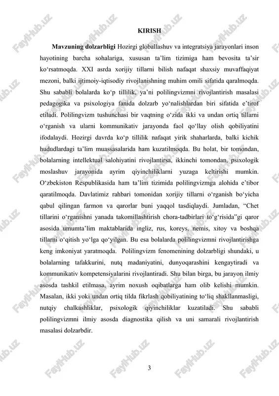 obyekti — umumta’lim maktablarining boshlang‘ich sinf o‘quvchilari va ularning ta’lim-tarbiyasi jarayonida ko‘p tillilikning shakllanishi. tadqiqot predmeti — bolalarda polilingvizmni shakllantirish jarayonida qo‘llaniladigan pedagogik vositalar, diagnostika metodlari hamda psixologik moslashuv omillari. obyekt va predmet o‘rtasidagi farq shundaki, obyekt umumiy jarayonni qamrab olsa, predmet mazkur jarayonning muayyan tomonlarini, ya’ni diagnostika va rivojlantirish usullarini o‘z ichiga oladi. tadqiqot metodlari tadqiqot jarayonida quyidagi ilmiy metodlardan foydalanildi: nazariy metodlar: psixologik-pedagogik adabiyotlarni tahlil qilish, mavjud ilmiy tadqiqotlarni umumlashtirish, polilingvizm nazariyasi bo‘yicha turli qarashlarni solishtirish. · empirik metodlar: o‘quvchilar faoliyatini kuzatish, suhbat o‘tkazish, test sinovlari orqali ularning ko‘p tillilik darajasini aniqlash, sotsiometrik metod yordamida kommunikativ imkoniyatlarini baholash. · tahliliy metodlar: olingan natijalarni statistik qayta ishlash, ularning samaradorligini baholash va taqqoslash. · amaliy metodlar: tajriba-sinov ishlari, o‘quvchilarning ko‘p tilli muhitda o‘zlashtirish darajasini o‘rganish va rivojlantiruvchi mashg‘ulotlar tashkil etish. shunday qilib, ushbu tadqiqotda nazariy va amaliy yondashuv uyg‘unlashgan holda olib boriladi. bu esa natijalarning ishonchliligini ta’minlash va ilmiy xulosalarning …