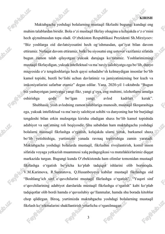 g samaradorligi. kurs ishining tuzilishi: kurs ishi kirish, ikki bob, 4 bo’lim, xulosa va foydalanilgan adabiyotlardan iborat. i bob. maktabgacha yoshdagi bolalarning mustaqil fikrlash ko‘nikmalarini rivojlantirishning o’ziga xos xususiyatlari i.1.maktabgacha yoshdagi bolalarning mustaqil fikrlashi- bugungi kunning eng muhim talabi maktabgacha yoshdagi bolalarning fikrlash tezligi aqliy rivojlanish bilan uzviy bog‘liqdir. bolalar tomonidan tashkil etilayotgan harakatlar ongli ravishda sodir bo‘la boshlashi va ijtimoiy munosabatlar jarayonida uning ishtirok etishi aqliy hamda fikrlash jarayonlarining bir-birini to‘ldirgan holda rivojlanayotganidan dalolat beradi. maktabgacha yoshdagi bolalarni aqliy tarbiyalash bolalarning fikrlash faoliyatini rivojlantirishga qaratilgan kattalarning ma‘lum maqsad asosidagi ta‘siridir. u bolalarga tevarak-atrofdagi olam haqida bilimlar berishni, ularni tizimlashtirishni, bolalarda bilishga qiziqish uyg‗otish, aqliy ko’nikma va malakalarni tarkib toptirishni, bilim qobiliyatlarini rivojlantirishni o’z ichiga oladi. maktabgacha yoshdagi bolalarni maktabga tayyorlashda aqliy tarbiyaning roli, ayniqsa, kattadir. chunki aql, his-tuyg’ular va idrok etishdan tortib, fikrlash va tasavvur etishgacha bo’lgan jarayonlar yig’indisidir. maktabgacha yoshdagi bolalarning mustaqil fikrlashi bugungi kundagi eng muhim talablardan …