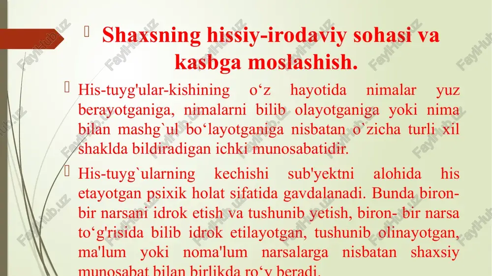ttiradi. qiziqish, g`azablanish, qiziquvchanlik, shubhalanish, kashf etganidan shodlanish, haqiqatga ishtiyoqmandlik va hokazolar intellektual his-tuyg`ular qatoriga kiradi. estetik his-tuyg`ular sub'ektning hayotida yuz beradigan turli xildagi narsalarga va ularning san'atda aks ettirilishiga nisbatan allaqanday ajoyib yoki bema'ni, fojiaviy yoki kulgili, olijanob yoki jirkanchli, nafosatli yoki xunuk narsa sifatida munosabatini aks ettiradi va ifodalaydi. stress holati (inglizcha stress - tazyiq ko`rsatish, zo`riqish degan so`zdan olingan)dan, yoxud hissiy zo`riqishdan iboratdir. hissiy zo`riqish xavf-xatar tug`ilgan, kishi xafa bo`lgan, uyalgan, tahlika ostida qolib ketgan va shu kabi vaziyatlarda ro`y beradi. stress kishining o`ta faol yoki o`ta sust harakatida ifodalanadi. hissiy zo`riqish holatida individning hatti-harakati kishi nerv tizimining tipiga, nerv jarayonlarining kuchliligi yoki ojizligiga jiddiy ravishda bog`liqdir. (masalan, imtihon oldidagi holat). iroda-bu kishining oldiga qo'yilgan maqsadlarga erishishda qiyinchiliklarni yengib o'tishga qaratilgan faoliyati va hulq-atvorini ongli ravishda tashkil qilishi va o'z-o'zini boshqarishi demakdir. iroda-bu shaxs faolligining alohida shakli, uning hulq-atvorini tashkil etishning u tomonidan qo'yilgan maqsad bilan belgilanadigan …