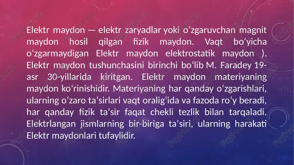 oʻlchanadi. kuchlanish vektor kattalik boʻlib, yoʻnalishi musbat zaryadga taʼsir etuvchi kuch yoʻnalishi bilan bir xil. barcha nuqtalarda elektr maydon kuchlanganligi ham yoʻnalish, ham miqdor jihatdan bir xil boʻlgan magnit maydon bir jinsli maydon deb ataladi. maydon potensiali skalyar kattalik, u elektr maydonning energetik xarakteristikasi hisoblanadi. elektr maydonni yaqqol tasavvur qilish maqsadida elektr kuch chiziqlari va ekvipotensial sirt tushunchalaridan foydalaniladi. har bir nuqtasida ye vektor oʻziga urinma boʻlgan chiziqni elektr kuch chizigʻi deyiladi. elektr kuch chiziqlari elektr maydonni faqat yaqqol tasvirlabgina qolmay, balki ularning zichligi orqali ye ni baholash mumkin. kuch chiziqlari zich oʻtkazilgan joylarda kichik boʻladi. bir jinsli maydonning kuch chiziqlari oʻzaro parallel yotadi. hamma nuqtalarida potensial qiymati bir xil boʻlgan sirtlar ekvipotensial sirtlar deyiladi. bir jinsli elektr maydon uchun ekvipotensial sirtlar oʻzaro parallel tekisliklardagi, nuqtaviy zaryad maydoni uchun markazi zaryad ustida yotgan konsentrik aylanalardan iborat. elektr induksiya natijasida paydo boʻlgan zaryadlar induksion zaryadlar deyiladi. induksion zaryadlar erkin zaryadlar yoki …
