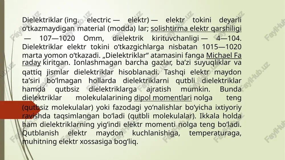 iyalariga shimdirishda ishlatiladi. qattiq anorganik dielektriklarga radiotexnik keramika, segnetoelektriklar, pyezoelektriklar, elektronik shisha, slyudalar va b. kiradi. izolyatorlar, yuqori chastotali kondensatorlar, pyezoelementlar . dielektrikka klassik yondashuvda material atomlardan iborat. har bir atom uning markazida musbat nuqta zaryadiga bog'langan va uni o'rab turgan manfiy zaryad (elektronlar) bulutidan iborat. elektr maydoni mavjud bo'lganda, rasmning yuqori o'ng qismida ko'rsatilgandek, zaryad buluti buziladi. buni oddiy dipolga kamaytirish mumkin superpozitsiya printsipi. dipol uning dipol momenti bilan tavsiflanadi, a vektor miqdori rasmda ko'rsatilgan ko'k o'q belgilangan m. bu elektr maydoni va dipol momenti o'rtasidagi munosabatlar dielektrikning xatti-harakatlarini keltirib chiqaradi. (dipol momenti rasmdagi elektr maydoni bilan bir xil yo'nalishga ishora qilishini unutmang. bu har doim ham shunday emas va bu katta soddalashtirish, ammo ko'plab materiallar uchun to'g'ri keladi.) elektr maydoni olib tashlanganda atom asl holatiga qaytadi. buning uchun zarur bo'lgan vaqt dam olish vaqti deb ataladi; eksponensial parchalanish. bu fizikadagi modelning mohiyati. dielektrikning harakati endi vaziyatga bog'liq. vaziyat …