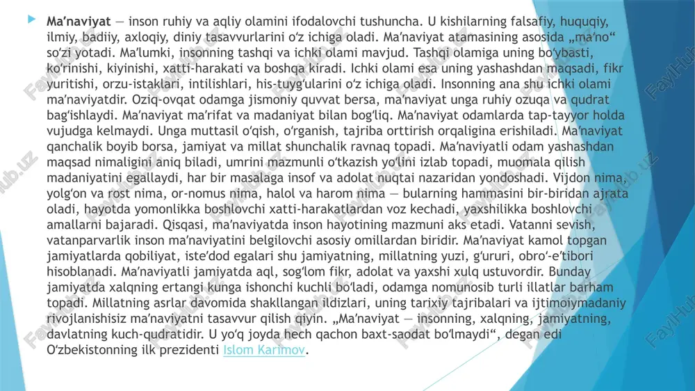 qillik» degan bebaho ne'matning qadr-qimmatini yosh avlodning teran idrok etishi, o'tgan davr mobaynida bosib o'tgan og'ir va mashaqqatli, ayni vaqtda sharafli yo'limiz, keng ko'lamli islohotlarimiz, qo'lga kiritgan ulkan yutuqlarimizning tub mohiyati va ahamiyatini talabalarga yetkazish, sodda qilib aytganda, biz kecha kim edig-u, bugun kim bo'lganimizni anglatish, ularni yangi marralar sari ruhlantirish maqsadida “go'zal va betakrorimsan, muqaddas vatanim, jonim senga fido, o'zbekistonim!”, degan bosh g'oyani o'zida mujassam etgan tashkiliy-amaliy, ma'naviy-ma'rifiy tadbirlar hamda targ'ibot-tashviqot ishlari dasturini ishlab chiqishi belgilandi. image1.png image2.png /docprops/thumbnail.jpeg