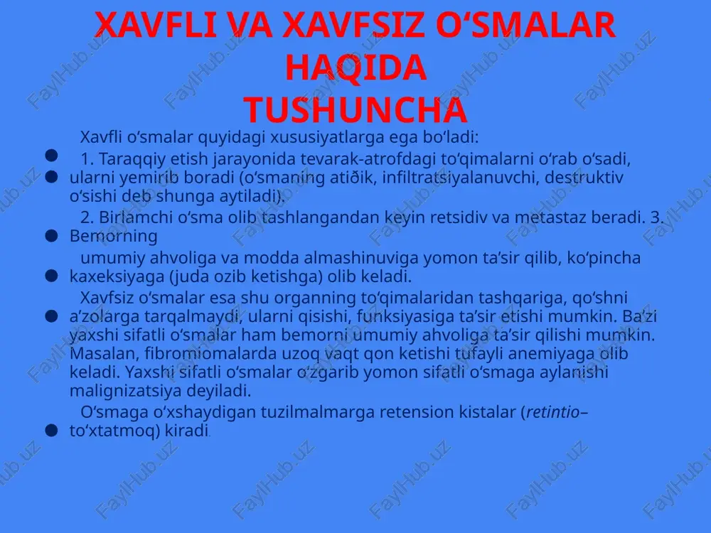mushak va shilliq qavatlarga, teriga, suyakusti pardasiga, hatto suyak to‘qimasiga ham o‘sib kiradi. endometrioz pufakchasi yorilganda a’zoning hamma qismlariga qon, limfa yo‘llari orqali tarqalishi kuzatiladi. ginekologik kasalliklar orasida endometrioz 8–30% hollarda uchraydi. k l i n i k a s i endometriozning qaysi sohada joylashganligiga bog‘liq. endometriozning asosiy va doimiy belgilaridan biri –og‘riqdir. bemor qorinning pastki sohasida va belida kuchsiz, uzoq davom etadigan og‘riqdan, hayz sikli davrida og‘riqlar kuchayganligidan shikoyat qiladi. og‘riq hayz kunlaridan oldin paydo bo‘lib, kuchayib hayz kunlari va undan keyin ham bemorni bezovta qiladi. bu og‘riqlar endometrioz o‘chog‘idagi bez to‘qimalarning bo‘rtishi, to‘qimalarning ichi berk bo‘shliqlarida suyuqlikning to‘planishi natijasida kelib chiqadi. bachadon endometriozi hayz siklining buzilishiga, qo‘shni a’zolardan – to‘g‘ri ichak, siydik chiqarish yo‘llari faoliyatining buzilishiga olib keladi. shunga ko‘ra, ayol siyish vaqtida og‘riqlar bo‘lishidan, tez-tez siyishidan shikoyat qiladi. endometrioz bilan kasallangan a’zo hayz ko‘rish oldidan kattalashganini va hayzdan so‘ng yana dastlabki hajmda bo‘lishi kuzatiladi. bemorda ovulatsiya jarayoni …