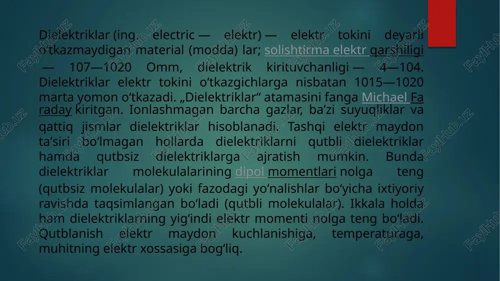 iyalariga shimdirishda ishlatiladi. qattiq anorganik dielektriklarga radiotexnik keramika, segnetoelektriklar, pyezoelektriklar, elektronik shisha, slyudalar va b. kiradi. izolyatorlar, yuqori chastotali kondensatorlar, pyezoelementlar . dielektrikka klassik yondashuvda material atomlardan iborat. har bir atom uning markazida musbat nuqta zaryadiga bog'langan va uni o'rab turgan manfiy zaryad (elektronlar) bulutidan iborat. elektr maydoni mavjud bo'lganda, rasmning yuqori o'ng qismida ko'rsatilgandek, zaryad buluti buziladi. buni oddiy dipolga kamaytirish mumkin superpozitsiya printsipi. dipol uning dipol momenti bilan tavsiflanadi, a vektor miqdori rasmda ko'rsatilgan ko'k o'q belgilangan m. bu elektr maydoni va dipol momenti o'rtasidagi munosabatlar dielektrikning xatti-harakatlarini keltirib chiqaradi. (dipol momenti rasmdagi elektr maydoni bilan bir xil yo'nalishga ishora qilishini unutmang. bu har doim ham shunday emas va bu katta soddalashtirish, ammo ko'plab materiallar uchun to'g'ri keladi.) elektr maydoni olib tashlanganda atom asl holatiga qaytadi. buning uchun zarur bo'lgan vaqt dam olish vaqti deb ataladi; eksponensial parchalanish. bu fizikadagi modelning mohiyati. dielektrikning harakati endi vaziyatga bog'liq. vaziyat …