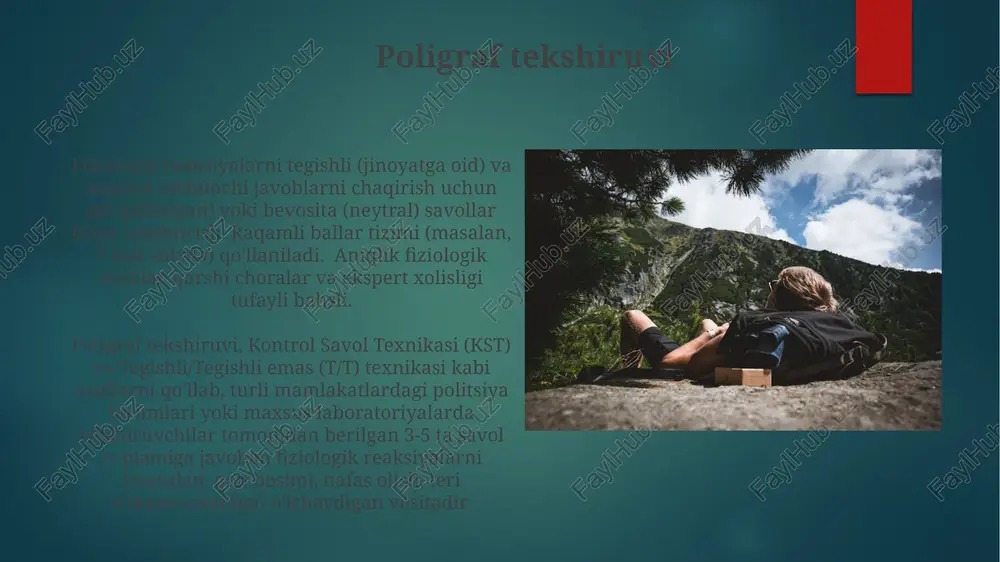 roq paytida yurak urishi, qon bosimi, nafas olish va terlashni o'lchaydi. ushbu ko'rsatkichlardagi o'zgarishlar yolg'on belgilarini aniqlash uchun tahlil qilinadi. aniqligi bahsli; stress, tashvish va individual farqlar natijalarga ta'sir qiladi miya asosidagi aldashni aniqlash yolg'on aniqlashning ilg'or usullari xulq-atvor belgilarini, og'zaki va og'zaki bo'lmagan muloqot tahlilini (mikroifodalar, nutq namunalari, ko'z o'ngog'ining kengayishi) va jinoyat joyi yoki guvoh ko'rsatmalaridan kontekstual ma'lumotlarni birlashtiradi yolg'on aniqlash usullari yurak urishining o'zgarishi, terining elektr o'tkazuvchanligi (scr) va qon bosimi tebranishlari (poligraf) kabi fiziologik o'lchovlarni o'z ichiga oladi, ular maxsus sud-tibbiyot laboratoriyasidagi nazorat qilingan muhitda algoritmlar va statistik usullar yordamida tahlil qilinadi mikroifodalar ovoz bosimi tahlili xulq-atvor tahlili, bayonot va suhbatlar davomida og'zaki va og'zaki bo'lmagan belgilarni (ko'z aloqasi, tana tili) qayd etadigan kuzatish usullari, boshqa texnikalarni to'ldiradi ovoz stress tahlili (ost), gapiruvchining ovozidagi mikrotremorlarni aniqlaydi, lva (qatlamli ovoz tahlili) kabi dasturlar yordamida (masalan, 120-250 gts) chastotalarni tahlil qiladi. aniqligi bahsli; aqsh milliy tadqiqot kengashi tadqiqotlari …