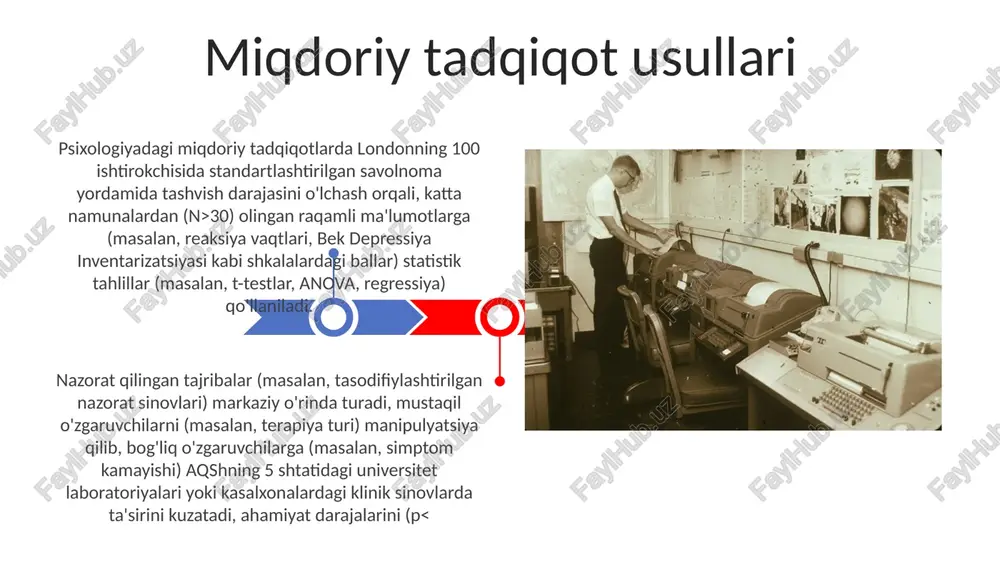 egri modellashtirish (lgcm) kabi murakkab statistik usullar qo'llaniladi uzun muddatli tadqiqotlar korrelyatsion tadqiqot korrelyatsiya koeffitsiyentlari (masalan, -0.8, 0.2) ikki yoki undan ortiq o'zgaruvchilar orasidagi chiziqli bog'liqlikning kuchini va yo'nalishini (musbat yoki manfiy) ko'rsatadi tajriba tadqiqoti kvazi-eksperimental dizaynlar tasodifiy taqsimotsiz, mavjud guruhlarni (masalan, davolovchi va nazorat) maktab yoki kasalxonalar kabi sharoitlarda taqqoslaydi sifatli usullar (intervyular, hikoyalarni tematik tahlil qilish) miqdoriy ma'lumotlarni to'ldiradi. keys tadqiqotlari chuqur tushunchalar beradi. etnografik tadqiqotlar madaniy ta'sirlarni o'rganadi. ma'lumotlar tahlili kodlash, naqsh va mavzulani aniqlashni o'z ichiga oladi. holat tahlillari finas gage holati (1848, vermont): prefrontal korteks shikastlanishining shaxsiyatga (impulsivlik, rejalashtirish qiyinchiliklari) ta'sirini ko'rsatadi. usul: batafsil kuzatish, nevrologik tekshirish, biografiya ma'lumotlari. natija: miya-xulq munosabatlarini tushunish o'zgardi. stanford qamoqxona tajribasi (stenford universiteti, 1971): rol ijrosi (qamoq qo'riqchilari va mahbuslar) ning psixologik ta'sirini o'rgangan. usul: simulyatsiya, kuzatish, intervyular va xulq-atvor yozuvlari orqali ma'lumot yig'ish. natijalar: ijtimoiy rollarning va vaziyat omillarining xulq-atvorga kuchli ta'sirini ochib berdi. etik tortishuvlar. e'tiboringiz uchun …