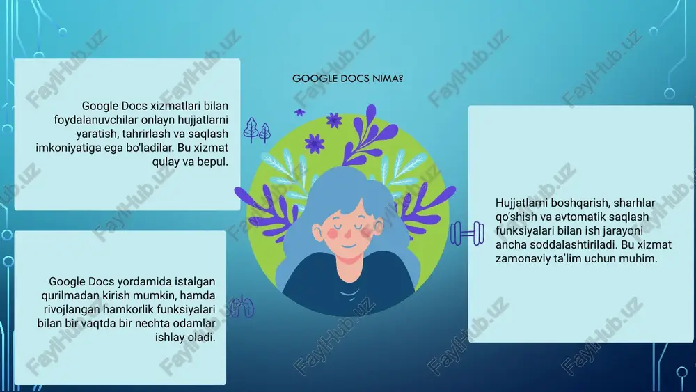 , produktivlikni oshiradi. har bir foydalanuvchi uchun muhim texnologiya. mental health infographics google docs foydalanuvchilarga moslashuvchan va qulay yozish muhitini taqdim etadi, bu esa hujjatlarni saqlash va baham ko‘rishni soddalashtiradi. foydalanuvchilar real vaqtda hamkorlik qilish imkoniyatiga ega bo‘lib, boshqa hamkorlar bilan tez va samarali muhokamalarni amalga oshirishlari mumkin. google docs xizmatlari yordamida hujjatlarni qulay tarzda boshqarish, tahrirlash va arxivlash imkoniyatlari ta'minlanadi, bu esa ish jarayonini optimallashtiradi. google docs xizmatlari bo‘yicha umumiy xulosa qilib aytganda, mazkur servis zamonaviy raqamli hujjat aylanishi va hamkorlikda ishlash madaniyatini tubdan o‘zgartirib, foydalanuvchilarga qulay, xavfsiz va tejamkor muhit yaratib bermoqda. bulut texnologiyalariga asoslanganligi sababli hujjatlar istalgan joydan va istalgan qurilmadan ochilishi, tahrir qilinishi hamda saqlanishi mumkin. bu esa nafaqat vaqtni tejaydi, balki an’anaviy “fleshka”, kompyuterda saqlash, fayl yo‘qotib qo‘yish kabi muammolarni ham kamaytiradi. e’tiboringiz uchun rahmat image2.png