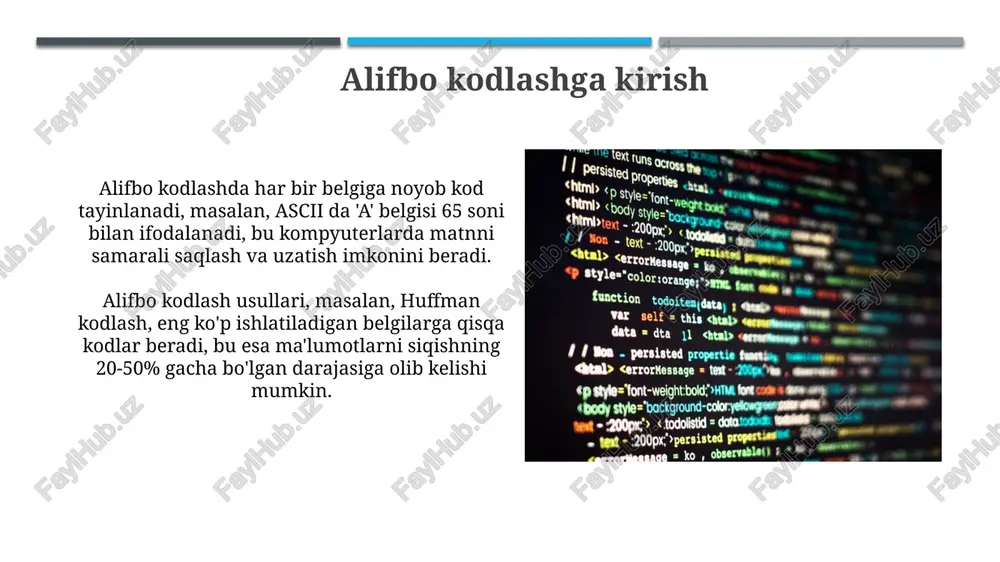 eng kam uchraydigan ikkita belgi birlashtiriladi va shu jarayon barcha belgilar bitta daraxtga birlashguncha takrorlanadi. bu jarayon o(n log n) vaqt talab qiladi. shannon-fano kodlash shannon-fano kodlash yuqori ehtimollikka ega bo'lgan belgilar uchun qisqaroq kodlar beradi, bu esa o'rtacha kod uzunligini kamaytiradi. algoritm samaradorligi belgilar soni 2 ning darajasi bo'lganda maksimal bo'ladi, ya'ni n=2^k. shannon-fano kodlashning asosiy kamchiligi optimal kodlashni kafolatlamasligidir. huffman kodlash usuli har doim optimal bo'lsa-da, shannon-fano kodlash ba'zi hollarda undan yomonroq natijalarga olib kelishi mumkin. bu farq ayniqsa belgilarning ehtimolliklari unchalik farq qilmaganda seziladi. lzw kodlash lzw kodlash, 1978 yilda yaratilgan, ma'lumotlarni yo'qotmaydigan algoritm bo'lib, fayllarni siqish uchun lug'atga asoslangan usuldan foydalanadi. bu, ayniqsa, takrorlanuvchi naqshlarga ega matnlar uchun samarali hisoblanadi. lzw lug'ati dastlab 256 ta belgidan iborat bo'lib, kirish ma'lumotlaridagi har bir noyob belgini ifodalaydi. kodlash jarayoni davomida algoritm yangi belgilarni kombinatsiyalarni o'rganadi va ularni lug'atga indeks sifatida qo'shadi. alifbo kodlashning optimallashtirilishi alifbo kodlashni optimallashtirishda tezlikni …