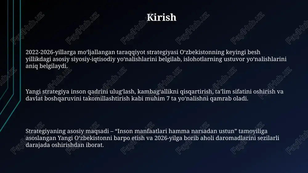 huningdek, 2026-yilga qadar korrupsiya darajasini kamida 25 foizga qisqartirish muhim vazifa hisoblanadi. qonun ustuvorligini ta’minlash maqsadida sud hokimiyatining mustaqilligini kafolatlash, sudyalarning daxlsizligini ta’minlash va sud qarorlarining ijrosi samaradorligini oshirishga qaratilgan 70 dan ortiq tadbir amalga oshiriladi. strategiyani amalga oshirishning kutilayotgan natijalari davlat boshqaruvi samaradorligini oshirish, 2026-yilga borib «hukumat buluti»ga 80% davlat xizmatlarini o‘tkazish, byurokratik to‘siqlarni kamaytirish va xalq bilan muloqotni kuchaytirish kutilmoqda. iqtisodiyotni diversifikatsiya qilish, yaim hajmini 1,6 barobarga oshirish, sanoatda yuqori qo'shilgan qiymatli mahsulotlar ishlab chiqarishni ko'paytirish va xususiy sektorning rolini kuchaytirish maqsad qilingan. ijtimoiy sohada aholi turmush darajasini yaxshilash, kambag‘allikni 2 barobarga kamaytirish, ta’lim va sog‘liqni saqlash xizmatlari sifatini oshirish orqali inson kapitalini rivojlantirish ko‘zda tutilgan. e'tiboringiz uchun rahmat @taqdimot_robot image1.png