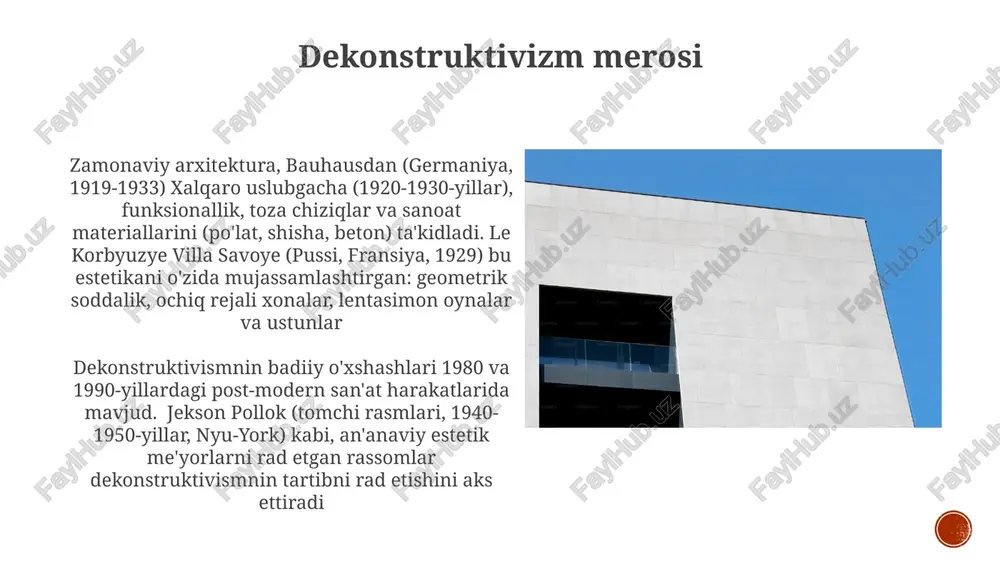 morchilik bilan parallel ravishda ketdi; impressionizm (monet, renoir), kubizm (pikasso, brak) va abstrakt ekspressionizm (pollok, rotko) kabi yo'nalishlar an'anaviy tasvirlashni rad etdi. fotografiyaning paydo bo'lishi badiiy uslublarga ta'sir ko'rsatdi erta modernizm va bauhaus zamonaviy arxitektura taraqqiyoti: art nouveau'ning organik shakllaridan xalqaro uslubning qattiq geometriyalarigacha; asosiy printsiplar: funksionallik, minimalizm, ommaviy ishlab chiqarish; shaharsozlikka ta'siri (masalan, le korbyuzie shahar rejalari); muhim oqimlar: de stijl (niderlandiya), konstruktivizm (rossiya); global tarqalishi va 20-21-asr dizayniga ta'siri. urushdan keyingi modernizm va brutalizm postmodernizm va dekonstruktivizm art deco & sür'atli shakl berish art deco (1920-1930-yillar), geometrik shakllar, zig-zaglar va hashamatli materiallar bilan ajralib turadi, nyu-york (krisler binosi), parij (tokio saroyi) va mayami (art deco tarixiy tumani) kabi shaharlarda rivojlangan art dekoning bir qismi bo'lgan strimlayn (1930-1940-yillar) aerodinamik shakllar va silliq sirtlarni ta'kidlab, texnologik taraqqiyot va tezlikka qiziqishni aks ettirdi. misollar: okean laynerlari (ss normandie), avtomobillar (1937 chrysler airflow) va samolyotlar (boeing 247) e'tiboringiz uchun rahmat @taqdimot_robot image4.jpg …