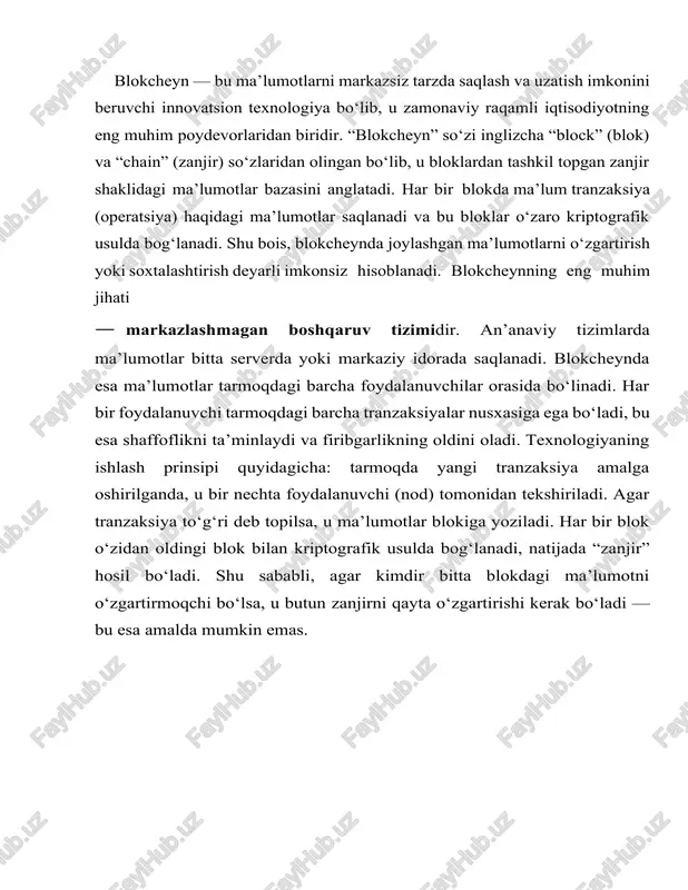 sohalarida inqilobiy o‘zgarishlar yaratmoqda. blokcheyn texnologiyasi kelajakda nafaqat moliya tizimini, balki butun iqtisodiy va ijtimoiy sohalarni tubdan o‘zgartiradi. u insoniyatga ishonch, xavfsizlik va shaffoflik tamoyillariga asoslangan yangi raqamli dunyoni taqdim etmoqda. kriptovalyuta — bu raqamli yoki virtual shakldagi pul bo‘lib, u maxsus kriptografik usullar yordamida yaratiladi, saqlanadi va uzatiladi. oddiy so‘z bilan aytganda, kriptovalyuta — bu blokcheyn texnologiyasi asosida ishlaydigan, markazlashmagan (ya’ni bank yoki hukumat tomonidan boshqarilmaydigan) raqamli to‘lov vositasidir. kriptovalyutaning asosiy g‘oyasi — odamlar o‘rtasida vositachisiz, to‘g‘ridan-to‘g‘ri, xavfsiz va tezkor tranzaksiyalarni amalga oshirishdir. har bir kriptovalyuta operatsiyasi blokcheyn deb nomlanuvchi maxsus raqamli tizimda qayd etiladi. shu sababli, bunday tizimda o‘tkazilgan har bir tranzaksiya shaffof, lekin foydalanuvchining shaxsiy ma’lumotlari maxfiy saqlanadi. kriptovalyutalarning paydo bo‘lishi kriptovalyutalar tarixi 2009-yilda satoshi nakamoto nomi bilan tanilgan noma’lum dasturchi tomonidan yaratilgan bitcoin bilan boshlanadi. bitcoin dunyoda birinchi markazlashmagan raqamli valyuta bo‘lib, u orqali banklarsiz to‘lov amalga oshirish imkoniyati paydo bo‘ldi. bitcoinning muvaffaqiyati natijasida yuzlab yangi …