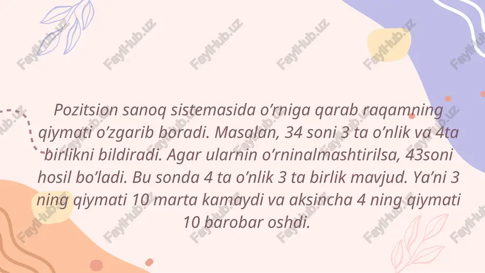 litlabularni yaxlitlab qo’shib, keyin farqniqo’shib, keyin farqni to’g’rilashto’g’rilash yig’indiga bo’lish usuli:1. ko’paytuvchilardan birini ikkiga bo’lib, ikkinchisini qo’shib hisoblash. misol: 23•11=(23•10)+ (23•1)=230+23=253 2. yaxlitlash va farqni chiqarish: sonni yaxlitlab ko’paytirib, keyin ortiqcha qiymatni chiqarish. misol: 49•7=(50•7)-7=350-7=343 ko’paytirishko’paytirish har bir xonani alohida ko’paytirib, natijalarni qo’shish. misol: 24•36=(20+4)•(30+6)= (20•30)+(20•6)+(4•30)+ (4•6)=600+120+120+24=864 3. parcha-parcha3. parcha-parcha ko’paytirish:ko’paytirish: bosqichma-bosqich ajratish: har bir xonani alohida ajratib, bo’lishni sodda holga keltirish. misol: 96:4=(80:4)+ (16:4)=20+4=24 2. yaxlitlash va farqni hisobga olish: sonni yaxlitlab bo’lib, keyin qoldiqni hisobga olish. misol: 101:5=(100:5)+(1:5)=20,2. bo’lishbo’lish qo’shimcha usullar ko’paytuvchilarni o’zgartirish: 1. bo’lish yoki ko’paytirishda sonni qulay shaklga keltirish. 2. misol: 25•6= (25•4)•4=100•4=400. 3. o’nliklarni ajratish: sonlarni kichik qismlarga ajratib, ularni bo’lakma-bo’lak hisoblash. 0101 0202 0303 0404 agar qo’shiluvchilarning har biri c soniga bo’linsa, u holda bu qo’shiluvchilarning yig’indisi ham c soniga bo’linadi. isbot: a:c+b:c=(a+b):c agar ko’paytuvchilardan birortasi c soniga bo’linsa, bu sonlarning ko’paytmasi ham c soniga bo’linadi. isbot: (a:b)•c=(a•c):b nomanfinomanfi butunbutun sonlarsonlar ko’paytmko’paytm asiningasining bo’linishibo’linishi …