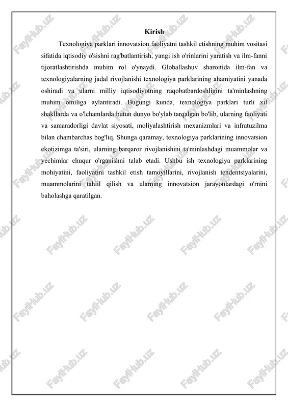 arni joylashtirish, tadqiqot va ishlanmalarni rag'batlantirish, yuqori texnologiyali ish o'rinlarini yaratish uchun mo'ljallangan maxsus hudud. qulay biznes muhiti yaratish, moliyaviy resurslarga erishish imkoniyatini ta'minlash, marketing va menejment bo'yicha maslahatlar berish, xalqaro hamkorlikni rivojlantirish 1990-yillar: osiyo mamlakatlarida texnoparklar sonining keskin o'sishi (tayvan, janubiy koreya). xxi asr: global texnoparklar tarmog'ining rivojlanishi. tadbirkorlikni qo'llab-quvvatlash, ilmiy-texnikaviy salohiyatni oshirish, investitsiyalarni jalb qilish, eksportni rivojlantirish rossiya federatsiyasi qonunchiligi ta'rifi: texnopark - bu ilmiy, ilmiy-texnikaviy va innovatsion faoliyatni amalga oshirish uchun mo'ljallangan, moddiy-texnikaviy baza, boshqaruv kompaniyasi va infratuzilmaga ega bo'lgan hududiy majmua. resurslarni birgalikda ishlatish, xarajatlarni kamaytirish, texnologiyalarni sinovdan o'tkazish va sertifikatlash imkoniyatini yaratish, malakali kadrlar bilan ta'minlash mustaqillikdan keyingi davr: mdh davlatlarida texnoparklarni yaratishga urinishlar (turli muvaffaqiyatlar bilan). so'nggi yillar: texnoparklarga davlat tomonidan qo'llab-quvvatlashning kuchayishi. yuqori texnologiyali mahsulotlar va xizmatlar ishlab chiqarish, ilmiy ishlanmalarni sanoatga joriy etish, mintaqaviy raqobatbardoshlikni oshirish o'zbekiston respublikasi ta'rifi: texnopark – iqtisodiyot tarmoqlarida yuqori texnologiyali va innovatsion mahsulotlarni ishlab chiqarishni yo‘lga qo‘yish …