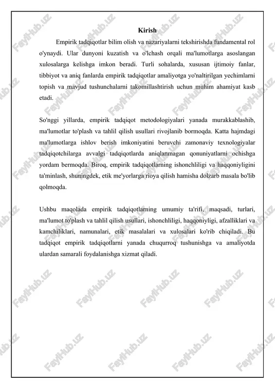 o'zgarishini o'lchash orqali atrof-muhitga ta'sirini aniqlashga qaratilgan. ushbu ma'lumotlar kelajakdagi tendentsiyalarni prognoz qilish va mitigatsiya strategiyalarini ishlab chiqish uchun ishlatilishi mumkin. xuddi shunday, ta'lim sohasidagi empirik tadqiqotlar o'qitish usullarining samaradorligini baholash va o'quv dasturlarini takomillashtirishga qaratilgan. empirik tadqiqotning yana bir muhim maqsadi nazariyalarni tekshirish va baholashdir. tadqiqotchilar mavjud nazariyalarni empirik ma'lumotlar bilan solishtiradilar, nazariyaning haqiqatga mos kelishini aniqlashga harakat qiladilar. agar ma'lumotlar nazariyani qo'llab-quvvatlasa, u tasdiqlanadi; agar ma'lumotlar nazariyaga zid bo'lsa, u rad etiladi yoki qayta ko'rib chiqiladi. misol uchun, iqtisodiyotda talab va taklif qonuni empirik tadqiqotlar orqali sinovdan o'tkaziladi. tadqiqotchilar narxlar va miqdorlar o'rtasidagi munosabatni tahlil qilib, qonunning amalda qay darajada ishlashini aniqlaydilar. empirik tadqiqot turlari: kvantitativ va kvalitativ empirik tadqiqotlar odatda ikkita asosiy turga bo'linadi: kvantitativ va kvalitativ. kvantitativ tadqiqotlar raqamli ma'lumotlarni to'plash va tahlil qilishga asoslanadi. ular odatda so'rovlar, tajribalar va statistik tahlilni o'z ichiga oladi. kvantitativ tadqiqotlarning maqsadi o'zgaruvchilar o'rtasidagi munosabatlarni aniqlash va o'lchanadigan natijalarni olishdir. …