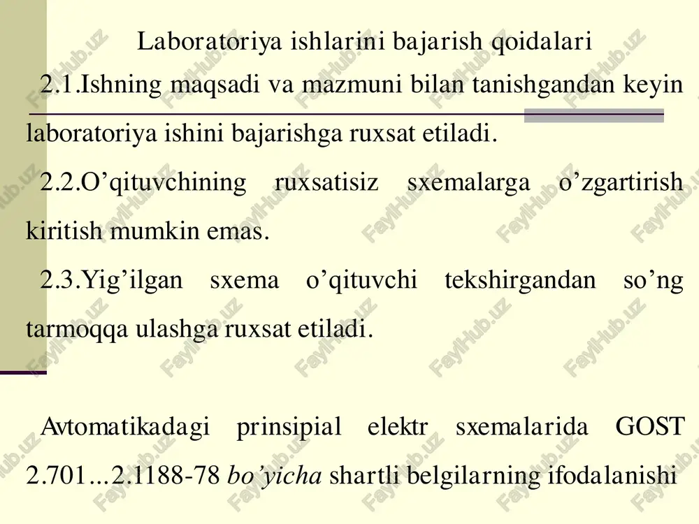mati xq.yu..  3. qaytish koeffitsienti kq.= xq.yu. / x i.t.  4. ishchi parametr- rele uzoq vaqt ishlashi uchun zarur bo’lgan kirish kattaligining qiymati (nominal rejimdagi) - xish.  5. zaxira (zapas) koeffitsienti: ishga tushishda  qo’yib yuborishda 1 .. ...  ti ish tiz x x k  ish kyu yukz x x k ... elektromagnit relening sxematik ko’rinishi 1-yakor: 2-o’zak: 3-cho’lgam: 4-prujina; 5- kontaktlar guruxi;6-xavo oralig’i.. tajriba qurilmasining qisqacha tavsifi  tajriba qurilmasi stend ko’rinishda tayorlangan bo’lib, unda o’lchash asboblari (ampermetr va voltmetr), sinalayotgan rele (k) va kommutasion apparatlar o’rnatilgan.  qurilmaning prinsipial elektrik sxemasi rasmda ko’rsatilgan. sa o’zgartgich orqali sinalayotgan rele k kuchlanish turi tanlanadi. tajriba avtotransformatori (latr) yordamida k ga kirish signalining talab qilingan kattaligini tanlash mumkin. voltmetr pv ampermetr yordamida nazorat olib boriladi. qurilmaning prinsipial ekektrik sxemasi foydalanilgan adabiyotlar ro’yxati 1.n.r.yusupbekov, b.i.muxamedov, sh.m.g’ulomov. texnologik jarayonlarni nazorat qilish va avtomatlashtirish.t.,”o’qituvchi” , 2011, 576 b. 2. …