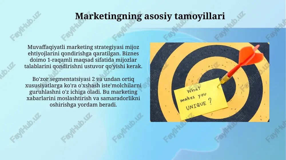 ali o'zaro munosabatlarni kuchaytirish. raqamli marketing roi ni oshirish muhim. marketingni o'lchash va tahlil qilish marketingni o'lchash roi (investitsiyadan qaytish) kabi metrikalar orqali amalga oshiriladi, bu marketing kampaniyalari qanchalik daromad keltirganini ko'rsatadi va samaradorligini aniqlaydi. konversiya darajasi tahlili veb-saytga tashrif buyuruvchilarning mijozga aylanishini foizda ko'rsatadi, bu marketing harakatlarining qanchalik muvaffaqiyatli ekanligini baholashga yordam beradi. marketing axloqi marketing axloqi halollik, shaffoflik va adolatli amaliyotlarni o'z ichiga oladi; reklama va mahsulotlar bo'yicha 100% aniq ma'lumot berish shartdir. iste'molchilarning shaxsiy ma'lumotlaridan foydalanish gdpr kabi qonunlar bilan tartibga solinadi, bu ma'lumotlarni himoya qilishning 25-moddasini ta'minlaydi. e'tiboringiz uchun rahmat image3.jpg image4.jpg image5.jpg image6.jpg image7.jpg image8.jpg image9.jpg image10.jpg image11.jpg image12.jpg image13.jpg image14.jpg image1.png