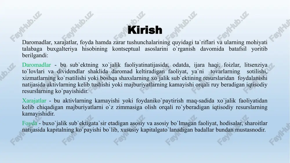 natijalar to`g`risidagi hisobotlarga kiritiladi, chunki ular ana shu hisobot davrida ishlab topilgan daromadlarga tegishlidir deb hisoblanadi. bu tan olish paytida muvofiqlik tamoyilining namoyon bo`lishidir. masala: “navbahor mchj” 2025-yil 20-dekabrda xaridorga 10 000 000 so‘mlik mahsulot sotdi. mahsulotning tannarxi — 6 000 000 so‘m. xaridor to‘lovni 2026-yil yanvarda amalga oshiradi. mahsulot 2025-yil 20-dekabrda yetkazilgan, ya’ni mulk huquqi xaridorga o‘tgan. talab qilinadi: daromad va xarajatlarni tan olish davrini aniqlash. shu asosda buxgalteriya yozuvlarini (provodkalarni) tuzish. 1. mahsulot sotilganda (daromadni tan olish): debet 4010 – xaridorlar va buyurtmachilar bilan hisob-kitoblar kredit 9010 – mahsulot (ish, xizmat)larni sotishdan olingan daromad summasi: 10 000 000 so‘m 2. sotilgan mahsulotning tannarxini hisobdan chiqarish: debet 9010 – mahsulot (ish, xizmat)larni sotish tannarxi kredit 2810 – tayyor mahsulotlar summasi: 6 000 000 so‘m 3. xaridordan to‘lov kelib tushganda (keyingi davrda): debet 5110 – hisob-kitob schyoti kredit 4010 – xaridorlar va buyurtmachilar bilan hisob-kitoblar summasi: 10 000 000 so‘m …