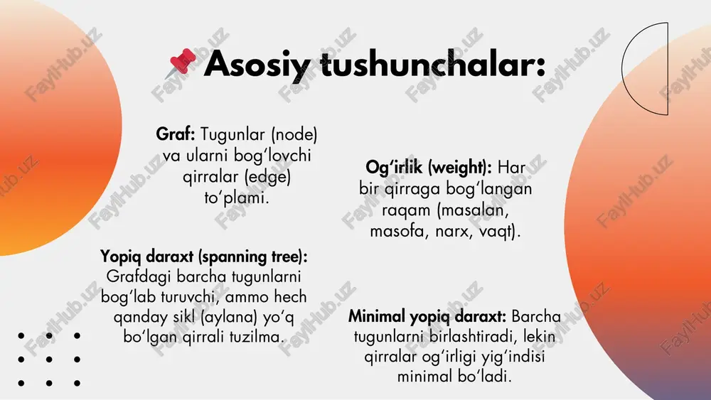 oladi. qirra og‘irliklarining yig‘indisi minimal bo‘ladi. eng qisqa yo‘lni emas, balki umumiy bog‘liqlikni minimal og‘irlikda ta’minlaydi. 🔷 2. eng qisqa yo‘lni topish algoritmlari – shortest path algorithms 🔍 maqsadi: berilgan tugundan boshqa bir tugungacha bo‘lgan eng qisqa (eng arzon) yo‘lni topish. 📌 xususiyatlari: har bir yo‘lning umumiy og‘irligini hisoblaydi. faqat kerakli juftliklar orasidagi yo‘lni qidiradi (hamma tugunlarni emas). sikl bo‘lishi mumkin. thank you ! end