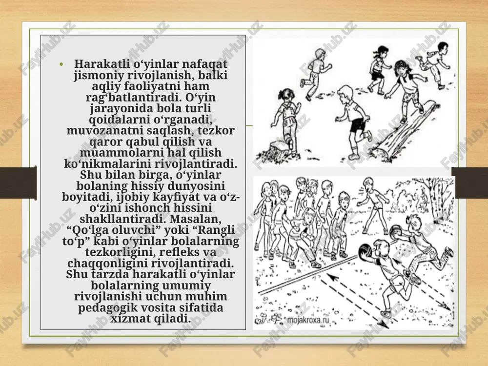 a jamoaviylik, muloqot va bir-biriga yordam berish ko‘nikmalarini rivojlantiradi. shu bilan birga, o‘yinlarda bolalarning qiziqishi va motivatsiyasini saqlab qolish metodik jarayonning samaradorligini oshiradi. shuningdek, harakatli o‘yinlar bolaning hissiy va aqliy rivojlanishiga ham ta’sir ko‘rsatadi. o‘yin jarayonida bola qoidalarni o‘rganadi, muvaffaqiyat va muvaffaqiyatsizlikni his qiladi, bu esa uning o‘zini baholash qobiliyatini rivojlantiradi. shu tariqa, harakatli o‘yinlar nafaqat motorikani, balki jismoniy ko‘nikmalarni, aqliy va hissiy ko‘nikmalarni birgalikda shakllantiradi va bolalarning umumiy rivojlanishiga xizmat qiladi. 3. o‘yinlar yordamida bolalarda ijtimoiy va aqliy rivojlanishni qo‘llab-quvvatlash maktabgacha yoshdagi bolalarda ijtimoiy va aqliy rivojlanishni qo‘llab-quvvatlash harakatli o‘yinlar orqali samarali amalga oshiriladi. harakatli o‘yinlar bolalarni bir-biri bilan muloqot qilishga undaydi, ular jamoada ishlash, o‘z fikrini ifoda etish va boshqalar bilan kelishish ko‘nikmalarini rivojlantiradi. shu bilan birga, o‘yin jarayonida bola muammolarni hal qilish, qaror qabul qilish va strategik fikrlash kabi aqliy qobiliyatlarni o‘rganadi. masalan, “qochish va ushlash” yoki “rangli to‘p” kabi o‘yinlar bolalarning tezkor fikrlash va tezkor harakat …