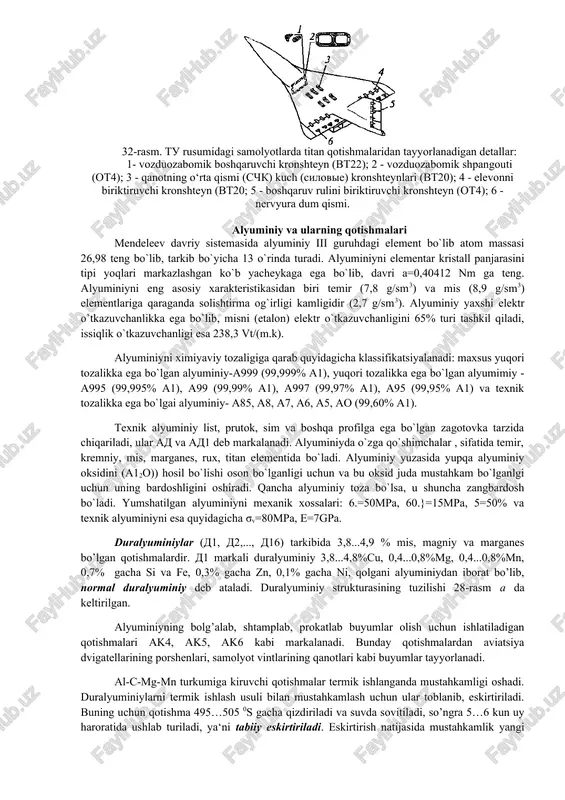 osan kemalarning sirtini qop- lashda va kimyo mashinasozligida ishlatiladi. titan aluminiydan ozroq og‘ir (zichlik - «plotnost»: al uchun γ = 2,7 g/sm3; ti uchun γ = 4,51g/sm3; fe uchun γ =7,68 g/sm3). lekin puxtaligi aluminiy puxtaligiga qaraganda 3 baravar ortiq. shuning uchun titan samolyotsozlikda ko‘p qo‘llaniladi. titanning kamchiliklari ham bor: normal elastiklik moduli polatnikidan ikki barobar kichik. bu bikr va ustuvor konstruksiyalar yaratishni qiyinlashtiradi. yuqori haroratdagina emas, balki normal haroratda ham yeyiluvchanlik xossasi namoyon bo`ladi. titan markasi g‘ovak titandagi qo'shimchalar miqdori, % hisobida mexanik xossalari fe si c cl2 o2 n2 h2 v,kg/mm2 , % , % an, kgm/sm2 nv btoo 0,15 0,05 0,05 0,06 0,1 0,03 00 38 36 64 0 115 bto 0,15 0,05 0,05 0,06 0,1 0,03 0,01 46 28 50 10 145 bti 0,01 0,1 0,06 0,08 0,2 0,05 0,03 53 24 42 5 165 bt2 0,3 0,1 0,06 0,1 0,2 0,06 0,02 60 20 35 …