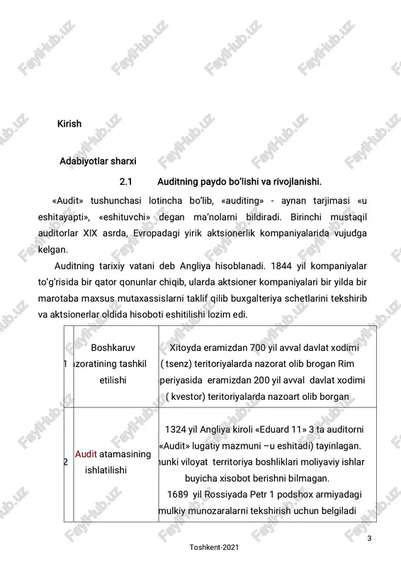 mobaynida auditorlik faoliyati 3 xil rivojlanish bosqichidan o’tdi: 1. tasdiqlovchi audit – bunda asosan hisob registrlari va hujjatlar tekshirildi. 2. maqsadli sistemali audit – bu bosqichda muomala (operatsiya)larni nazorat qilish sistemasini kuzatish imkoniyati yaratildi. 3. tavakkalchilikka asoslangan audit - sistemani nazorat qiluvchi shaxslar tomonidan qabul qilingan boshqaruv qarorlariga baho beriladi. maqsadli sistemali audit shakllanishi bilan auditorlar ichki nazorat orqali ekspertiza o’tkaza boshladilar. buning oqiba-tida shu narsa isbotlandiki, agar ichki nazorat tizimi samarali tashkil qilingan bo’lsa, xato va kamchiliklarni aniqlash uchun jiddiy tekshirishlar o’tkazishga hojat qolmaydi. tavakkalchilikka asoslangan audit yoppasiga yoki tanlov yo’li bilan o’tkaziladigan tekshirish bo’lib, u korxona faoliyati sharoitidan kelib chiqadi va asosan tor doiradagi ob’ektlarni tekshirish bilan yakunlanadi. davlat organlarining auditorlik xizmatlariga munosabati turlicha. masalan, aqsh va buyuk britaniyada auditorlik tashkilotlari mustaqil bo’lib, ular auditorlarni o’zlari tayyorlaydilar, tegishli malakaviy unvonlarni beradilar va keyinchalik ham ularning o’z vazifalarini vijdonan, halol bajarishlarini nazorat qilib turadilar. boshqa evropa mamlakatlarida auditorlik faoliyati …