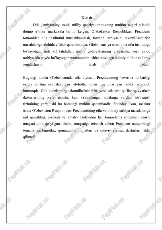 va amalga oshirish mexanizmlarini taqqoslaydi. yo'nalish maqsadlar amalga oshirish mexanizmlari oila institutini mustahkamlash oila qadriyatlarini saqlash va rivojlantirish; nikoh va oilaning ijtimoiy ahamiyatini oshirish; ajralishlar sonini kamaytirish. oila kodeksiga o'zgartirishlar kiritish; oilaviy qadriyatlarni targ'ib qilish bo'yicha ommaviy axborot vositalari bilan hamkorlik; nikohdan oldin maslahat berish markazlarini tashkil etish. farzand tarbiyasini qo'llab-quvvatlash sog'lom va barkamol avlodni tarbiyalash; bolalarni milliy va umuminsoniy qadriyatlar ruhida tarbiyalash; ta'lim sifatini oshirish. maktabgacha ta'lim muassasalarini rivojlantirish; maktablarda tarbiyaviy ishlarni kuchaytirish; ota-onalar uchun pedagogik kurslar tashkil etish; iqtidorli bolalarni qo'llab-quvvatlash. onalik va bolalikni muhofaza qilish onalar va bolalarning salomatligini saqlash; tug'ilish ko'rsatkichlarini oshirish; bolalar o'limini kamaytirish. tibbiy xizmat sifatini yaxshilash; homilador ayollar va bolalarga ijtimoiy yordam ko'rsatish; perinatal markazlarni rivojlantirish; emlash dasturlarini kengaytirish. ijtimoiy himoyaga muhtoj oilalarni qo'llab-quvvatlash kam ta'minlangan, ko'p bolali, nogironligi bo'lgan bolalari bor oilalarga yordam berish; ularning turmush sharoitlarini yaxshilash. ijtimoiy nafaqalar va moddiy yordamlar miqdorini oshirish; uy-joy bilan ta'minlash dasturlarini amalga oshirish; ish …