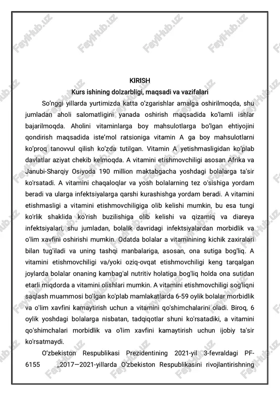 ‘rib chiqilishini ta’minlasin; oliy va o‘rta maxsus ta’lim vazirligi ta’lim sifatini nazorat qilish davlat inspeksiyasi bilan birgalikda bir oy muddatda akademik ta’til olishni istagan talabalar tomonidan sirtqi va masofaviy shaklda mustaqil ta’lim olishni tashkil etish, oliy ta’lim muassasalarida eksternat tartibida ta’lim olish bo‘yicha huquqiy asoslarni yaratishni nazarda tutuvchi qaror loyihasini vazirlar mahkamasiga kiritilishi aytib o’tildi; . prizedentimiz shavkat mirziyoyev ham bu xususda alohida to‘xtalib, yosh va bilimga boy kadrlar har tomonlama o‘zbekistonning rivojlanishiga katta hissa qo‘shajagini bir necha marta takrorlagan va tegishli qonun va qoidalar chiqargan[9.4]. i. adabiyotlar sharxi 1.1 vitaminlar haqida umumiy ma’lumot. vitamin a yetishmasligidan kelib chiqadigan kasalliklar. odam va hayvonlarning hayot kechirishlari uchun oqsillar, yog‘lar, karbonsuvlar, mineral tuzlar va suv etarli deb hisoblanib kelingan. biroq, uzoq muddatli sayohatlar, ayniqsa dengizchilarning yurishlari tabiblar tomonidan tekshirilgach, ularda to‘la sifatli ovqatlanmaslikdan kelib chiqqan kasalliklar aniqlanadi. bunday kasalliklardan, xix asrda keng tarqalganlari lavsha(singa) , beri - beri(falaj) kasalliklaridir. ular, ayniqsa, uzoq …