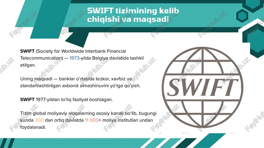 tates these transactions, ensuring smooth and reliable exchange of funds between countries. valuable yet complex, currency trades and conversion operations are also handled by swift. this allows for the seamless exchange of currencies, a necessity in our interconnected global economy. additionally, there are payments related to securities. swift plays a significant role here by enabling secure and timely payment processing for various security transactions. lastly, it’s important to mention notifications related to credit and deposit operations. these notifications help banks manage and track their financial activities accurately. [pause to allow the audience to digest the information] each of these functions underscores swift's pivotal role in the global financial system, ensuring transactions are not only swift but also secure. [conclude with a nod to the audience as a cue for the next slide] ‹#› asosan, biz global inklyuziv infratuzilmamiz, unga dunyo ishonadi va moliyaviy operatsiyalarni jo‘natish va qabul qilishga tayanadi. biz …