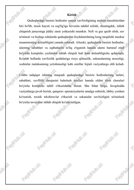 ishi, xatolikka moyillik va xavfsizlik qoidalariga beparvolik kiradi. ba'zi hollarda, qoidabuzarliklarga yo'l qo'yilishi va xavfsizlik talablarining e'tiborsiz qoldirilishi ham baxtsiz hodisalarga olib kelishi mumkin. shuning uchun xavfsizlik madaniyatini shakllantirish, ishchilarni muntazam ravishda o'qitish, xavfsizlik bo'yicha treninglar o'tkazish va motivatsiyani oshirish orqali inson omilini bartaraf etishga qaratilgan chora-tadbirlarni amalga oshirish zarur. ⚖️ quvurlarda baxtsiz hodisalar turlarini solishtirish quvurlardagi baxtsiz hodisalarning turlarini, sabablarini va xavflilik darajasini solishtirish item turi asosiy sababi xavflilik darajasi oldini olish portlash gaz sizishi texnik nosozlik yuqori muntazam tekshiruv yong'in olov manbai ehtiyotsizlik o'rtacha xavfsizlik qoidalariga rioya qilish zaharli moddalar sizishi uskunaning shikastlanishi inson omili yuqori uskunani nazorat qilish xavflilikni baholash usullari va parametrlari quduqlarda sodir bo'ladigan baxtsiz hodisalarning xavflilik darajasini baholash uchun turli usullar qo'llaniladi. ulardan biri ehtimollik va oqibatlarning tahlili (eot) usulidir. ushbu usul ma'lum bir baxtsiz hodisaning sodir bo'lish ehtimolini va uning yuzaga kelishi mumkin bo'lgan oqibatlarini baholashga asoslangan. oqibatlar moliyaviy zararlar, atrof-muhitga ta'sir, jarohatlar …