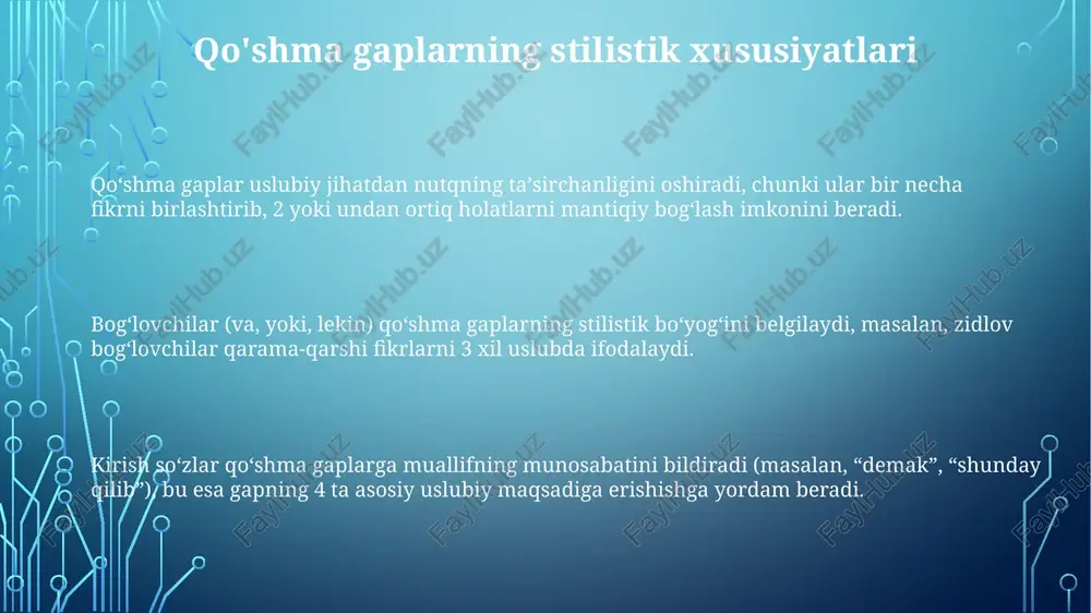 berish uchun koʻp ishlatiladi, bunda bogʻlovchilar ularning oʻzgaruvchan kayfiyatini ifodalaydi: masalan, “lekin”, “ammo” kabi bogʻlovchilar ziddiyatni koʻrsatadi. sheʼriyatda qoʻshma gaplarning elliptik tuzilmalari ritm va ohangni yaratishda muhim rol oʻynaydi; baʼzan gapning bir qismi tushib qoldiriladi, bu esa maʼnoni kuchaytiradi va 3-boʻlak unga oʻtadi. dramatik asarlarda qoʻshma gaplar personajlar oʻrtasidagi dialoglarda keskinlikni oshirish uchun ishlatiladi; inversiya uslubi esa nutqqa emotsionallik qoʻshadi, shuningdek, ohang 2 marta oʻzgaradi. sinonimik konstruktsiyalar va elliptik tuzilmalar elliptik tuzilmalar qo'shma gaplarda takrorlanuvchi so'zlarni tushirib qoldirib, ixchamlikni ta'minlaydi, lekin ma'no tushunarli bo'lishi shart, 1-misol. sinonimik konstruksiyalar 2 ta qo'shma gapni ifodalashda turli bog'lovchi vositalar (lekin, ammo, biroq) orqali uslubiy farqlarni yaratadi, ma'noni boyitadi. sinonimik va elliptik shakllar rasmiy uslubdan ko'ra norasmiy uslubda ko'proq uchraydi, bu 90% hollarda og'zaki nutqda kuzatiladi. inversiya va stilistik bo'yoq inversiya, gap boʻlaklarining odatiy tartibini buzib, stilistik boʻyoq yaratadi; masalan, “keldi doʻst” oʻrniga “doʻst keldi” neytral tuzilma, birinchisi esa urgʻu beradi. inversiya hissiy ta'sir …