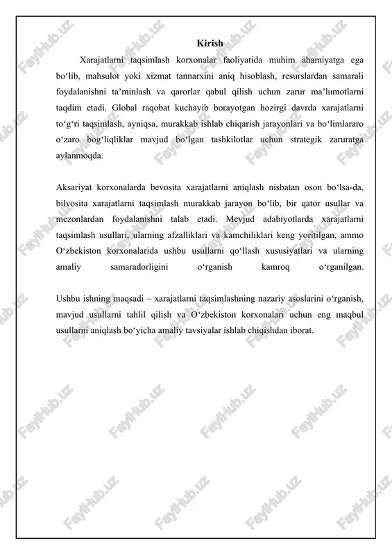 o'rsatadi). faoliyatga asoslangan taqsimlash (abc) xarajatlarni faoliyat bilan bog'laydi, aniqroq taqsimlashni ta'minlaydi. implementatsiyasi qimmat va vaqt talab qilishi mumkin. xarajatlar faoliyat turiga bog'liq bo'lganda (masalan, buyurtma berish, mahsulotni loyihalash). belgilangan nisbat bo'yicha taqsimlash oddiy, arzon, oson qo'llaniladi. xarajatlar va taqsimlash asosi o'rtasidagi bog'liqlik aniq bo'lmasligi mumkin. xarajatlarni taqsimlash uchun aniq sabab-oqibat aloqasi bo'lmaganda va amaliyotni soddalashtirish zarur bo'lganda (masalan, ijarani maydon bo'yicha taqsimlash). xarajatlarni taqsimlash usullarining tasnifi xarajatlarni taqsimlash usullarini bir necha mezonlar bo'yicha tasniflash mumkin. birinchi mezon - xarajatlarning izlanuvchanligi. shu nuqtai nazardan, xarajatlar to'g'ridan-to'g'ri va bilvosita xarajatlarga bo'linadi. to'g'ridan-to'g'ri xarajatlar, masalan, xom ashyo yoki ish haqi, bevosita ma'lum bir mahsulot yoki xizmatga bog'lanishi mumkin. bilvosita xarajatlar, masalan, ijara haqi yoki amortizatsiya, bir nechta mahsulot yoki xizmatga taalluqli bo'lib, taqsimlashni talab qiladi. ikkinchi mezon - xarajatlarni taqsimlash bazasi. xarajatlarni taqsimlash bazasi - bu xarajatlar taqsimlanadigan o'lchov. umumiy taqsimlash bazalariga mehnat soatlari, mashina soatlari, materiallar qiymati va savdo hajmi kiradi. …
