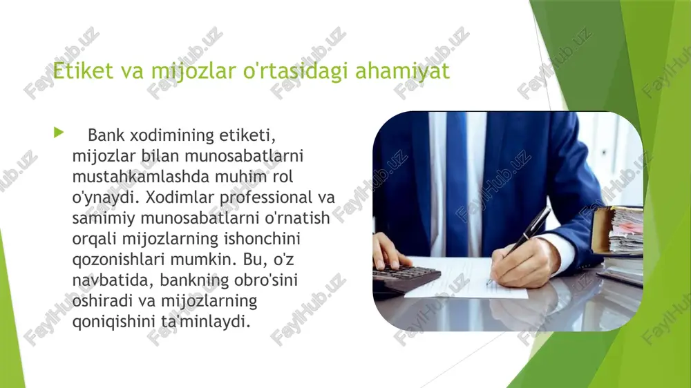 satishi kerak. shuningdek, mijozlardan fikr-mulohazalar olish va ularni hisobga olish muhimdir. bu orqali bank xizmatlarini yaxshilash va mijozlar ehtiyojlariga moslashtirish mumkin. mijozlar bilan munosabatlarni yaxshilash uchun bank xodimlari muntazam ravishda treninglar o'tkazishlari lozim. bu xodimlarning malakasini oshiradi va mijozlarga xizmat ko'rsatishda yuqori standartlarni ta'minlaydi. bank tizimi ishonchga asoslangan soha bo‘lib, bu ishonchning eng muhim poydevori — bank xodimining etiketi va mijoz bilan muomalasidir. har bir xodimning so‘zi, ohangi, kiyimi va muomalasi bank obro‘sini shakllantiradi. shuning uchun xodim o‘z kasbiy faoliyatida nafaqat bilimli, balki yuksak madaniyatli, odobli va halol bo‘lishi zarur.mijoz bilan muomala jarayonida xodim hurmat, e’tibor, sabr va samimiyatni saqlashi kerak. mijozni tinglash, unga tushunarli tarzda tushuntirish, muammosiga befarq bo‘lmaslik — bu haqiqiy kasbiy etiketning ifodasidir. chunki mijoz uchun bank nafaqat moliyaviy muassasa, balki ishonch maskanidir.shuningdek, bank xodimining etiketi faqat tashqi ko‘rinish emas, balki ichki madaniyat va kasbiy mas’uliyatdir. har bir xatti-harakatda odob va halollik mujassam bo‘lsa, mijozlarda ijobiy taassurot …