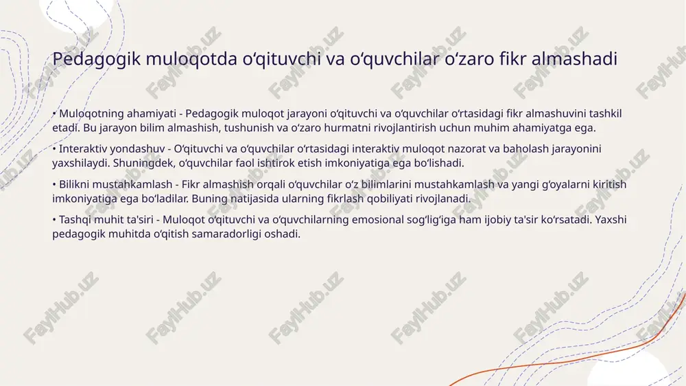 i va o‘quvchining ta'siri o‘rganiladi. o‘qituvchi o‘quvchining fikrlarini inobatga olib, u bilan samarali muloqot qiladi. • tinglash va tushunish - o‘qituvchilar va o‘quvchilar bir-birini tinglash orqali muloqotni kuchaytiradi. tinglash jarayoni oqilona savollar berishga imkon beradi. o‘quvchilar o‘z fikrlarini erkin ifoda etish imkoniyatiga ega • erkin fikr bildirishning ahamiyati - o‘quvchilar o‘z fikrlarini erkin ifoda etish orqali o‘z g‘oyalarini va qarashlarini rivojlantirishlari mumkin • o‘quv jarayonidagi rol - o‘quvchilar fikrlarini ifoda etishlari o‘quv jarayonida aktiv ishtirok etishlariga yordam beradi • o‘zaro aloqalar - fikrlarni erkin ifoda etish o‘quvchilar o‘rtasida o‘zaro aloqalarni mustahkamlaydi • o‘zini ifoda etish - o‘quvchilar o‘z fikrlarini erkin ifodalash orqali o‘z shaxslarini yanada kuchliroq ko‘rsatish imkoniga ega bo‘ladilar hamkorlik ta'lim jarayonida o‘rganish motivatsiyasini oshiradi • hamkorlikning ahamiyati - ta'lim jarayonida hamkorlik o‘quvchilarning o‘zaro muloqotini kuchaytiradi va qisqa vaqt ichida ko‘proq bilim olishlariga yordam beradi • o‘zaro yordam - o‘quvchilar bir-birlariga yordam berish orqali o‘rganish jarayonini yanada samarali qiladi …