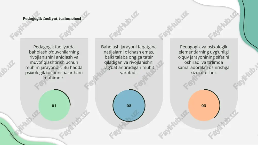 im sifatini oshirish imkonini yaratadi. 03 talabalarning baholash natijalari ta’lim muassasalarining pedagogik ishlari va strategiyalarini takomillashtirish uchun asos bo‘ladi. bu talabalarning rivojlanishini qo‘llab-quvvatlaydi. baholashda psixologik omillar pedagogik faoliyatda baholash o'quvchilarning bilim va ko'nikmalarini aniqlash uchun muhimdir, bu esa ta'lim sifatini oshiradi va rivojlantiradi. baholash jarayonida psixologik omillar rol o'ynaydi, ular o'quvchi emotsional holati, motivatsiya va xarakteristikalarini aniqlashda muhimdir. psixologik mohiyati baholashda o'quvchilarning o'ziga bo'lgan ishonchi va tarbiyaning samaradorligini oshirish uchun muhim ijobiy omil hisoblanadi. 01 03 02 baholash va shaxs rivojlanishi pedagogik faoliyatda baholash shaxs rivojlanishining muhim bosqichidir. u ta’lim jarayonida talabalarning yutuqlarini aniqlash imkonini beradi. baholash psixologik mohiyati bilan shaxsiy o‘sishni rag‘batlantiradi. ushbu jarayon inson ongini va hissiyotlarini chuqur anglash uchun muhimdir. shaxs rivojlanishi va baholash o‘rtasidagi bog‘liqlik ta’lim sifatini oshiradi. bu pedagogik metodlarni to‘g‘ri tanlashda asosiy rol o‘ynaydi. 01 02 03 pedagogik faoliyatda baholash ta'lim jarayonining muhim qismi bo‘lib, studentlarning rivojlanishini aniqlash va motivatsiyani oshirish imkonini yaratadi. 01 …