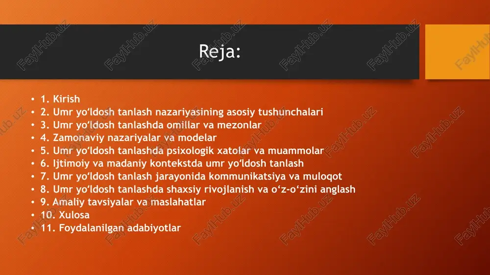 osh tanlash nazariyasi: taʼrif va asosiy kontseptsiyalar umr yoʻldosh tanlash nazariyasi — bu insonlarning hayotidagi eng muhim ijtimoiy va shaxsiy munosabatlardan biri bo‘lgan turmush o‘rtog‘ini tanlash jarayonini tushuntirishga qaratilgan ilmiy nazariyadir. ushbu nazariya shaxslarning o‘ziga xos ehtiyojlari, qadriyatlari, psixologik va ijtimoiy xususiyatlari asosida bir-biriga mos keluvchi sheriklarni aniqlash va tanlash mexanizmlarini o‘rganadi. nazariya asosan shaxslararo munosabatlarning shakllanishi, rivojlanishi va barqarorligini ta’minlashga qaratilgan bo‘lib, u ko‘plab psixologik, sotsiologik, biologik va madaniy omillarni o‘z ichiga oladi. umr yoʻldosh tanlash jarayoni nafaqat hissiy qaror, balki ko‘plab ongli va ijtimoiy ta’sirlar natijasida yuzaga keladigan murakkab jarayon hisoblanadi. psixologik yondashuvlar psixologiyada umr yoʻldosh tanlashda shaxsiy xususiyatlar va emotsional ehtiyojlar asosiy o‘rin tutadi. masalan, shaxsning xulq-atvori, qiziqishlari, qadriyatlari, emotsional barqarorligi va intellektual darajasi sherik tanlashda muhim mezonlardir. shuningdek, shaxslararo moslik nazariyasi (interpersonal compatibility theory) umr yoʻldosh tanlashda keng qo‘llaniladi. bu nazariyaga ko‘ra, uzoq muddatli munosabatlarda sheriklarning shaxsiy xususiyatlari, ehtiyojlari va qadriyatlari qanchalik mos kelsa, munosabatlar shunchalik …