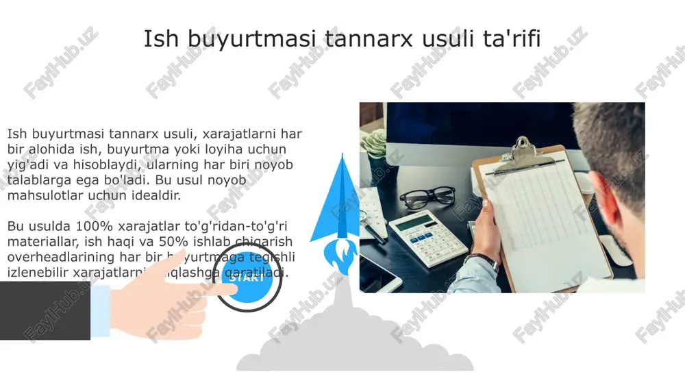 da buyurtma uchun to'g'ridan-to'g'ri materiallar, mehnat va ishlab chiqarish xarajatlari yig'indisi orqali amalga oshiriladi. jarayonli tannarx usulida xarajatlarni yig'ish, ishlab chiqarish bo'limlari bo'yicha amalga oshiriladi; umumiy xarajatlar hajmi ishlab chiqarilgan birliklar soniga bo'linadi, o'rtacha tannarxni aniqlash uchun. boshlang'ich xarajatlar boshlang'ich xarajatlar, masalan, 5000 so'mlik materiallar va 2000 so'mlik mehnat xarajatlari, har bir ishlab chiqarish buyurtmasi yoki jarayon uchun to'g'ridan-to'g'ri hisoblanadi. boshlang'ich xarajatlar tarkibiga materiallar narxi, ishchilarning maoshi va bevosita ishlab chiqarish bilan bog'liq bo'lgan boshqa xarajatlar kiradi, ular 10% chegirma bilan hisoblanishi mumkin. 06 05 04 ishlab chiqarish xarajatlari 01 02 ishlab chiqarish xarajatlari uchta asosiy elementdan iborat: bevosita materiallar, bevosita mehnat va ishlab chiqarish ustki xarajatlari, ularning har biri mahsulotning umumiy tannarxini hisoblashda muhim rol o'ynaydi. ishlab chiqarish xarajatlariga zavod binosini ijarasi, amortizatsiya xarajatlari va ishchilarning maoshlari kabi to'g'ridan-to'g'ri mahsulot ishlab chiqarish bilan bog'liq bo'lmagan, lekin zarur bo'lgan xarajatlar kiradi. tugallanmagan ishlab chiqarish tugallanmagan ishlab chiqarish - bu ishlab …