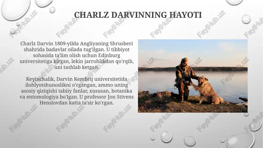 organlar va xususiyatlarning bosqichma-bosqich rivojlanishi mexanizmlari, xususan, qaytarilmas murakkablik masalasi edi. ko'pchilik diniy guruhlar evolyutsiya nazariyasiga qarshi chiqishdi, chunki u bibliyadagi yaratilish haqidagi hikoyaga zid keladi deb hisoblashadi va bu hamon davom etayotgan munozaradir. darvinning merosi darvinning merosi 150 yildan ortiq davom etib, biologiya, genetika va ekologiya kabi sohalarda tadqiqotlar uchun asos bo'lib xizmat qiladi, evolyutsiyani tushunishni ta'minlaydi. darvinning nazariyasi tibbiyotda ham muhim ahamiyatga ega, chunki mikroorganizmlarning 19-asrda antibiotiklarga qarshiligi va saraton kasalligining rivojlanishini tushunishga yordam beradi. evolyutsiya nazariyasining bugungi kundagi ahamiyati evolyutsiya nazariyasi dori vositalariga chidamli 1000 dan ortiq turdagi bakteriyalar kabi patogenlarning rivojlanishini tushunishga yordam beradi va bu esa samaraliroq davolash usullarini ishlab chiqishga imkon beradi. evolyutsiya tushunchalari qishloq xo'jaligida hosildorlikni oshirish uchun qo'llaniladi, masalan, qurg'oqchilikka chidamli ekinlarning 50 dan ortiq navlarini yaratishda, o'simliklar genetikasi orqali takomillashtirishga imkon beradi. "bigl" sayohatining ahamiyati "bigl" sayohati 5 yil davomida (1831-1836) darvinning geologiya, botanika va zoologiya bo'yicha keng qamrovli kuzatuvlar olib …