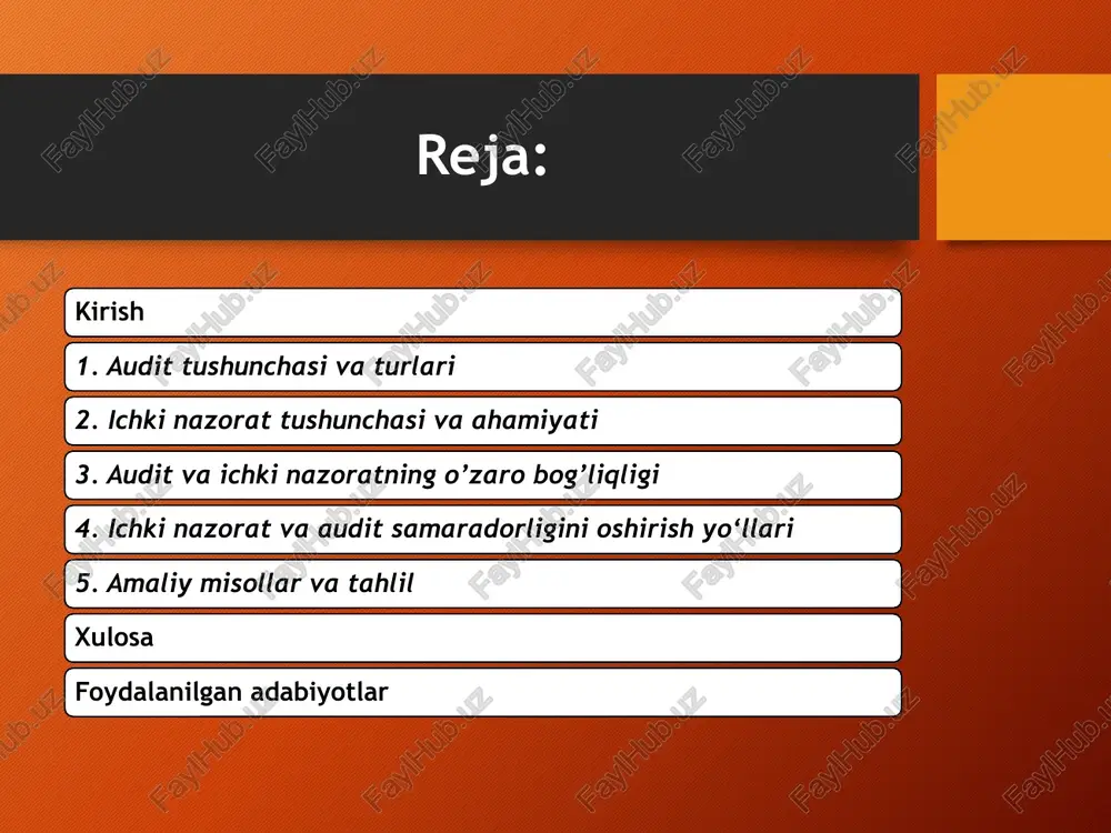 udit va ichki nazorat — bu korxona faoliyatining samaradorligini, moliyaviy va operatsion jarayonlarning qonuniyligini ta’minlashga qaratilgan ikki muhim tizimdir. ularning o’zaro bog’liqligi tashkilot ichki boshqaruvining mustahkamlanishi va xavfsizligini ta’minlashda hal qiluvchi ahamiyatga ega ichki nazorat va audit tushunchalarining taqqoslanishi ichki nazorat — bu tashkilot ichida tashkil etilgan doimiy jarayon bo‘lib, u tashkilotning maqsadlariga erishish uchun xavflarni boshqarish, moliyaviy hisobotlarning ishonchliligi, operatsion samaradorlik va qonunlarga muvofiqlikni ta’minlashga qaratilgan. ichki nazorat tizimi tashkilotning har bir bo‘limida va har bir xodim tomonidan amalga oshiriladi. audit esa mustaqil va tizimli baholash jarayonidir. u tashkilot faoliyatining turli jihatlarini tekshiradi, xatoliklar, kamchiliklar va qonunbuzarliklarni aniqlaydi hamda tavsiyalar beradi. auditorlar ichki yoki tashqi bo‘lishi mumkin. ichki auditorlar korxona ichida faoliyat yuritsa, tashqi auditorlar mustaqil tashkilotlar yoki shaxslar hisoblanadi. audit va ichki nazoratning farqlari va umumiy jihatlari farqlariga kelsak, ichki nazorat doimiy va tashkilot ichida amalga oshiriladi, auditorlar esa tekshirishni ma’lum muddatlarda o‘tkazadilar. ichki nazorat barcha xodimlar va …