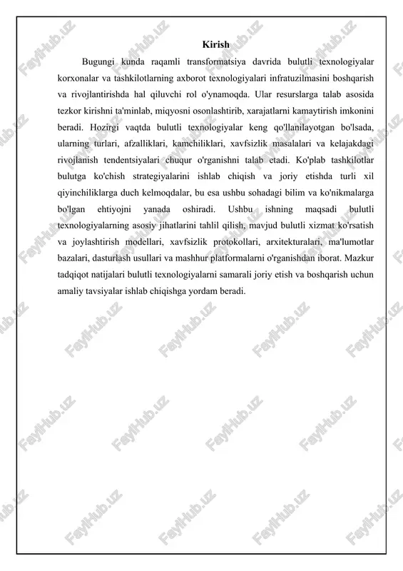 inalar, saqlash, tarmoq va boshqa asosiy hisoblash resurslari to'plami. iaas dan foydalanish mijozga operatsion tizimlar, dasturiy ta'minot va ma'lumotlarni to'liq nazorat qilish imkoniyatini beradi, lekin shu bilan birga ushbu komponentlarni boshqarish va qo'llab-quvvatlash majburiyatini yuklaydi. misol uchun, amazon web services (aws) ec2 va microsoft azure virtual machines iaas xizmatlariga misol bo'la oladi. paas – bu dasturiy ta'minot ishlab chiqish, sinash, joylashtirish va boshqarish uchun mo'ljallangan platforma. paas ishlab chiquvchilarga infratuzilmani boshqarish tashvishidan xalos bo'lib, faqat dastur kodiga e'tibor qaratish imkoniyatini beradi. paas odatda dasturlash tillari, kutubxonalar, ma'lumotlar bazalari va boshqa ishlab chiqish vositalarini o'z ichiga oladi. google app engine va heroku paas xizmatlarining mashhur misollaridir. saas – bu tayyor dasturiy ta'minot, internet orqali taqdim etiladi va foydalanuvchilar uni veb-brauzer yoki boshqa mijoz ilovasi orqali ishlatishlari mumkin. saas mijozdan dasturiy ta'minotni o'rnatish yoki boshqarishni talab qilmaydi, bu esa foydalanish qulayligini oshiradi. salesforce, microsoft office 365 va google workspace saas xizmatlariga misol …