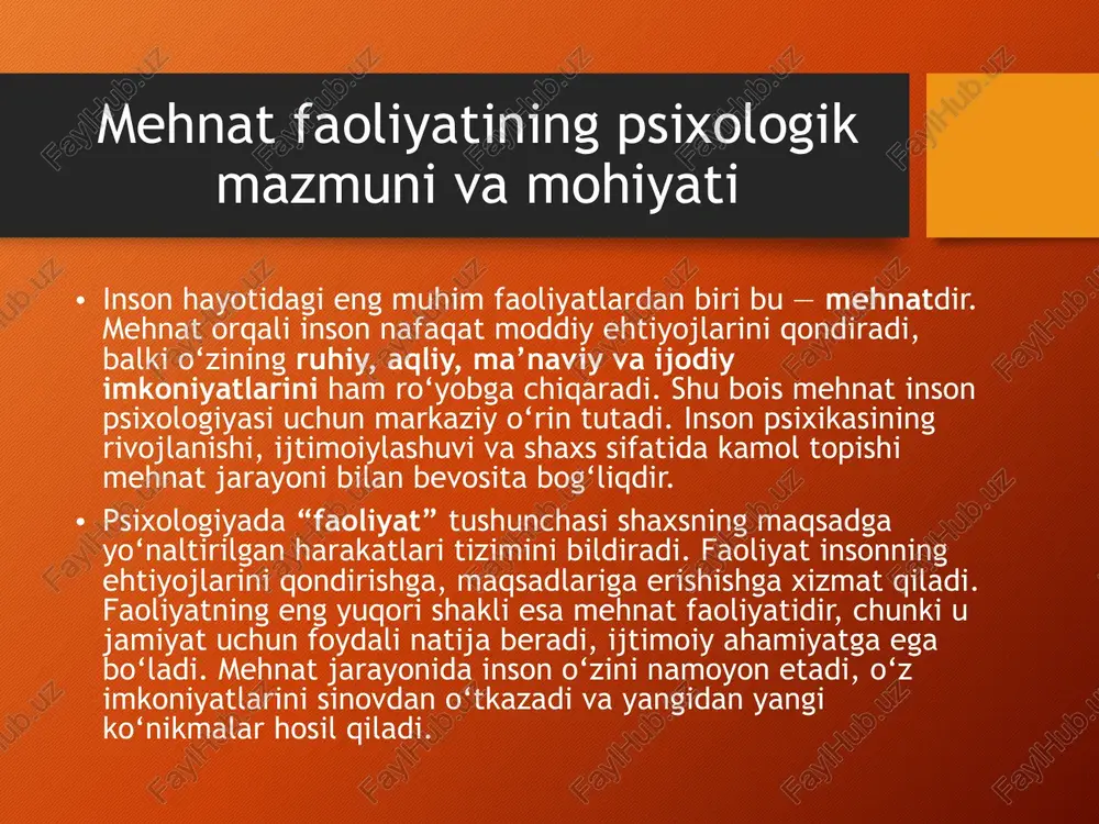 ehnat inson shaxsini shakllantiruvchi asosiy omillardan biridir. bola o‘smirlik davridan boshlab turli mehnat turlari orqali o‘z mas’uliyatini, tartibliligini, sabr-toqatini o‘rganadi. kasbiy faoliyat esa kattalar hayotida o‘z-o‘zini anglash, jamiyatda o‘z o‘rnini topish imkonini beradi. shaxsning psixologik yetukligi ham mehnat orqali namoyon bo‘ladi — bu jarayonda inson o‘zini baholaydi, o‘z ustida ishlaydi, muvaffaqiyat va muvaffaqiyatsizlikni tahlil qiladi. mehnat faoliyatida psixologik omillar mehnat jarayonida quyidagi psixologik omillar muhim rol o‘ynaydi: motivatsiya – mehnatga turtki beruvchi kuch. diqqat – ishni to‘g‘ri, tez va xatosiz bajarish imkonini beradi. hissiyotlar – ijobiy kayfiyat ish samaradorligini oshiradi, salbiy hissiyot esa charchoqni kuchaytiradi. iroda – qiyinchiliklarni yengish, maqsadga sodiq qolish imkonini beradi. jamoaviy muhit – sog‘lom psixologik iqlim, o‘zaro hurmat va yordam mehnat sifatini oshiradi. mehnat psixologiyasining yo‘nalishlari zamonaviy psixologiyada mehnat bilan bog‘liq quyidagi yo‘nalishlar shakllangan: ishlab chiqarish psixologiyasi — ish joyi sharoiti, texnika, insonning ishlab chiqarishdagi roli. kasbiy psixologiya — shaxsning kasbga mosligi, kasbiy tanlov va malaka …