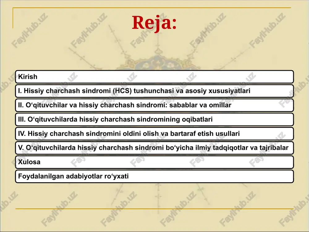 isbatan sovuqqonlik, befarqlik ko‘rsatadi. bu esa o‘z navbatida o‘quvchilar bilan munosabatlarning buzilishiga olib keladi. shaxsiy qoniqishning pasayishi: kasbiy muvaffaqiyat va o‘z-o‘ziga ishonch kamayadi. o‘qituvchi o‘z ishining foydasizligi yoki ahamiyatsizligini his qiladi, bu esa ruhiy tushkunlikka olib keladi. hissiy charchash sindromining turlari va darajalari psixologlar hissiy charchash sindromini uch darajada ko‘rib chiqadilar: birinchi daraja — boshlang‘ich bosqichda shaxsda o‘z-o‘zini ishda haddan tashqari talab qilish, katta mas’uliyat his qilish kuzatiladi. emotsional charchoq hali kuchli emas, lekin sezilarli darajada paydo bo‘ladi. ikkinchi daraja — emotsional charchoq yanada kuchayadi, shaxsiy munosabatlarda sovuqlik paydo bo‘ladi. o‘z ishidan qoniqish kamayadi, ijtimoiy faoliyatda susayish kuzatiladi. uchinchi daraja — bu sindromning eng og‘ir bosqichi bo‘lib, bunda shaxsda ruhiy tushkunlik, kasbiy motivatsiya yo‘qolishi, jismoniy va ruhiy sog‘liq muammolari paydo bo‘ladi. ishdan bo‘shash yoki kasbni o‘zgartirish istagi kuchayadi. hissiy charchash sindromini aniqlash usullari bugungi kunda hissiy charchash sindromini o‘lchash va aniqlash uchun turli psixologik testlar va so‘rovnomalar ishlab chiqilgan. eng …