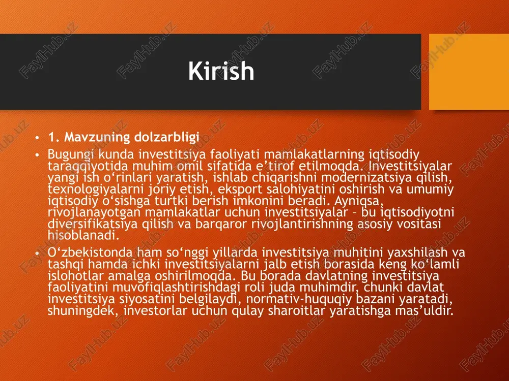 at tomonidan investitsiya muhitini yaxshilash uchun ko‘plab qonun va normativ-huquqiy hujjatlar qabul qilindi, soliq imtiyozlari joriy etildi, investorlar uchun kafolatlar taqdim etildi. investitsiya turlari va manbalari o‘zbekistonda investitsiya faoliyati ikki asosiy manbadan amalga oshiriladi: ichki va tashqi investitsiyalar. ichki investitsiyalar – bu mahalliy ishlab chiqaruvchilar, davlat organlari va xususiy shaxslar tomonidan amalga oshiriladigan sarmoyalar. ular ichki bozorni rivojlantirish, yangi texnologiyalarni joriy etish va ishlab chiqarish quvvatlarini oshirishga qaratilgan. tashqi investitsiyalar esa xorijiy kompaniyalar, investorlar va xalqaro moliya institutlari tomonidan kiritiladi. xorijiy investitsiyalar mamlakat iqtisodiyotining raqobatbardoshligini oshirish, yangi texnologiyalarni jalb qilish va eksportni kengaytirish uchun zarur hisoblanadi investitsiya muhitining hozirgi holati (ichki va tashqi investitsiyalar) so‘nggi yillarda o‘zbekistonda investitsiya muhitini yaxshilash uchun keng ko‘lamli islohotlar amalga oshirilmoqda. davlat investitsiyalarni jalb qilish va qo‘llab-quvvatlash borasida aniq strategiya ishlab chiqmoqda. 2017-yilda qabul qilingan “investitsiyalar va investitsiya faoliyatini rag‘batlantirish to‘g‘risida”gi qonun ushbu sohada muhim hujjat hisoblanadi. ichki investitsiyalar hajmi oshmoqda, bu asosan davlat dasturlari, …