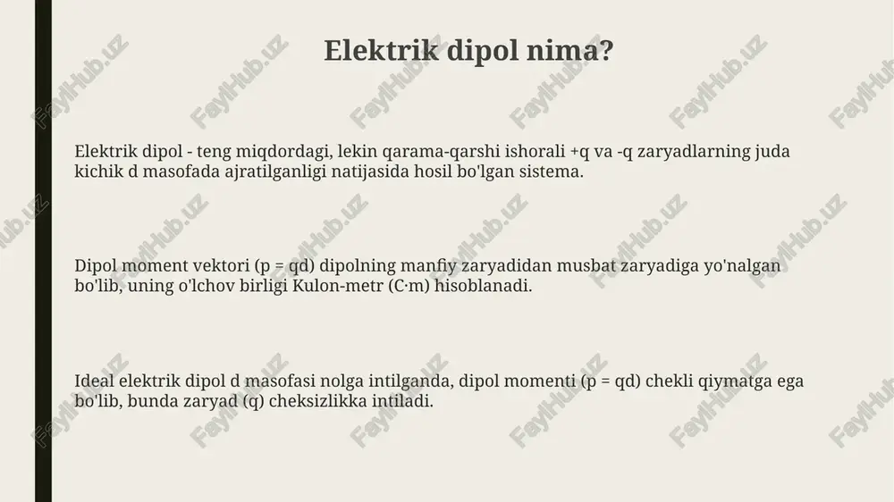 ol radiatsiyasining umumiy quvvati dipol momentining tebranish chastotasining to'rtinchi darajasiga proportsionaldir. bu shuni anglatadiki, yuqori chastotalarda radiatsiya sezilarli darajada kuchliroq bo'ladi. dipol radiatsiyasi elektromagnit to'lqinlar shaklida tarqaladi, ularning elektr va magnit maydonlari bir-biriga perpendikulyar va tarqalish yo'nalishiga perpendikulyar bo'lib, maydonlar orasida 90 gradus farq mavjud. molekulalardagi dipollar suv (h2o) molekulasi kislorod atomining yuqori elektronegativligi tufayli muhim dipolga ega bo'lib, qisman manfiy zaryadga va vodorod atomlariga qisman musbat zaryadga ega bo'ladi. molekulalardagi dipollar atomlar orasidagi elektronegativlik farqi tufayli yuzaga keladi, bunda 0 dan yuqori va 4.0 dan past bo'lgan pauli shkalasi farqi dipol momentini hosil qiladi. dipol momentlari 0 dan katta debye (d) birliklarida o'lchanadi, masalan, suvning dipol momenti taxminan 1,85 d bo'lib, erituvchi xususiyatlariga ta'sir qiladi. misollar suv molekulasi (h₂o) - bu keng tarqalgan misol, chunki kislorod atomi vodorod atomlariga qaraganda elektronga ko'proq moyil, natijada qisman manfiy va musbat zaryadlar hosil bo'ladi. uglerod oksidi (co) molekulasi ham dipol momentiga ega, …