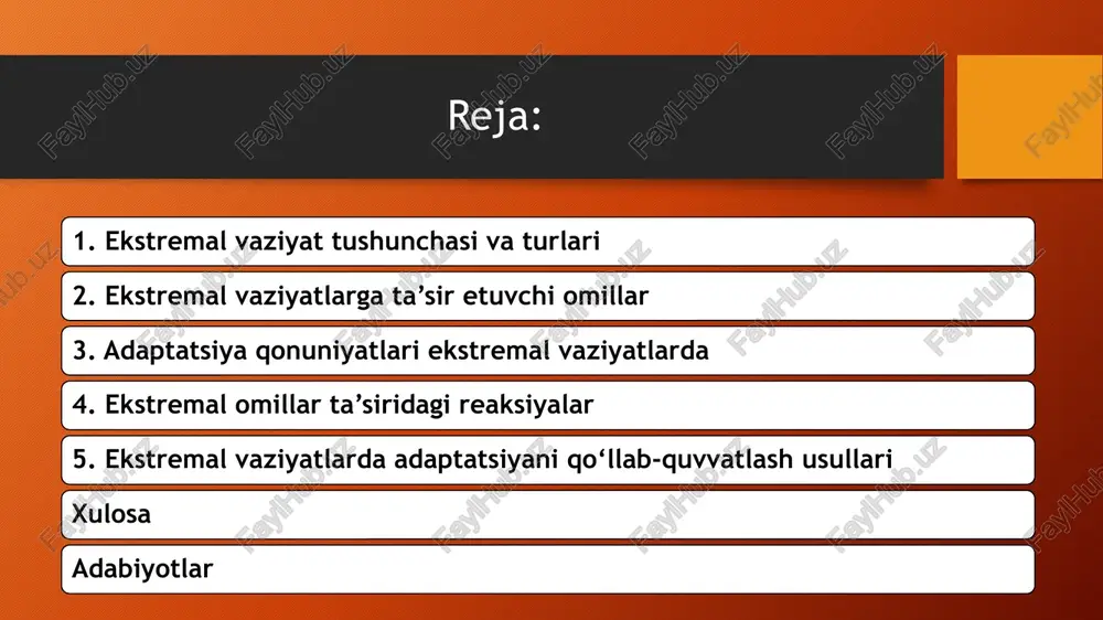 emal vaziyatlarda insonning javobi va moslashuvi ko‘plab omillarga bog‘liq bo‘ladi. bu omillar ichki va tashqi tabiatga ega bo‘lib, insonning ekstremal vaziyatga qanday munosabatda bo‘lishini va uning organizmi qanday adaptatsiya qilinishini belgilaydi. quyida ekstremal vaziyatlarga ta’sir etuvchi asosiy omillarni tahlil qilamiz. ichki omillar ichki omillar — bu insonning individual xususiyatlari va organizmining ichki holati bo‘lib, ularning ekstremal vaziyatga qarshi javobini shakllantiradi. psixologik xususiyatlar: shaxsning ruhiy barqarorligi, stressga chidamliligi, emotsional holati, tajriba va bilimlari ekstremal vaziyatda uning reaktsiyasiga bevosita ta’sir qiladi. masalan, o‘ziga ishongan, muammolarni hal qilishga tayyor insonlar ekstremal vaziyatlarda ancha samarali harakat qilishadi. aksincha, qo‘rqinch va bezovtalik yuqori bo‘lgan shaxslar stressga nisbatan zaifroq bo‘lishi mumkin. fiziologik holat: organizmning jismoniy salomatligi, charchoq darajasi, umumiy energiya zaxiralari va boshqa fiziologik ko‘rsatkichlar ham ekstremal vaziyatda muhim rol o‘ynaydi. charchoq yoki kasallik holatida insonning chidamliligi kamayadi. yosh va jins: yosh omili insonning stressga chidamliligida muhim ahamiyatga ega. yosh bolalar va keksa odamlar ekstremal vaziyatlarga …